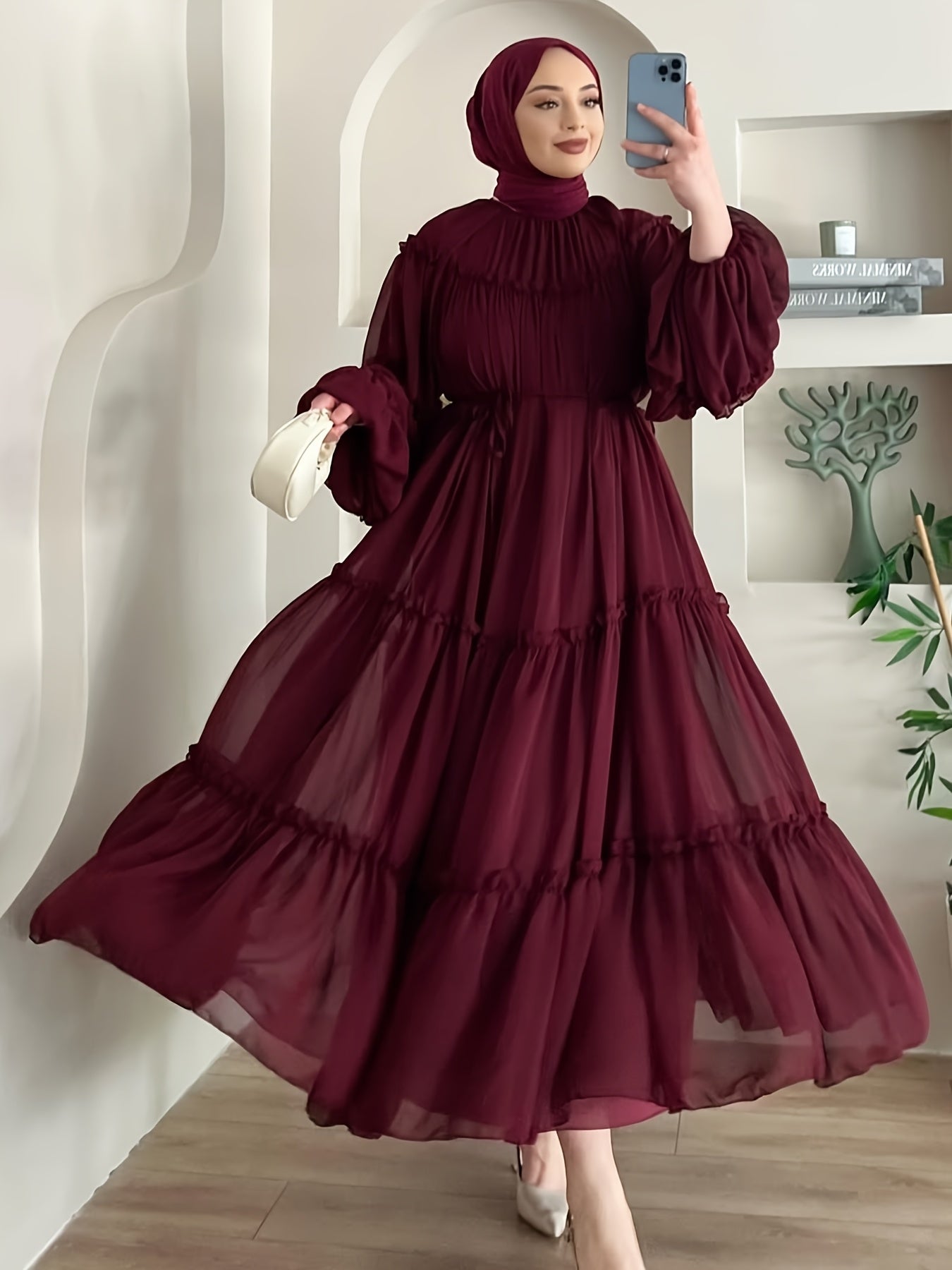 Women's Casual Fashionable Date Vacation Middle Eastern Muslim Minimalist Solid Color Soft Lace Design Long Elegant Dress with Belt