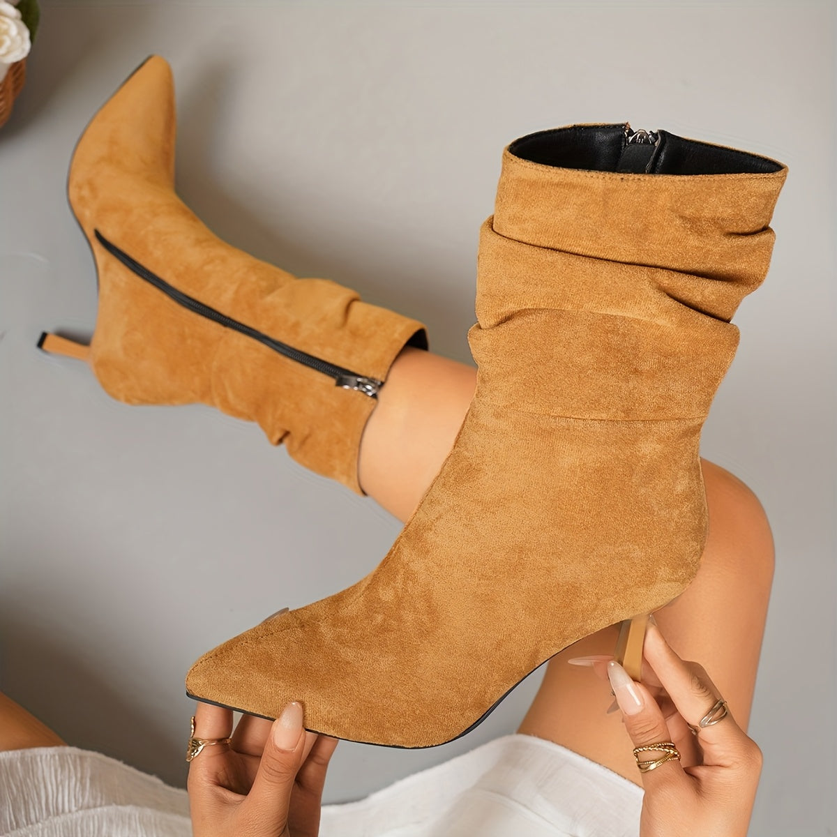 Women's Plus Size Chic Pointed Toe Boots - Slip-resistant Rubber Sole, Elegant Side Zipper Closure, Soft Fabric Lined Interior - Brown Formal & Everyday Boots for Women, Professional Footwear