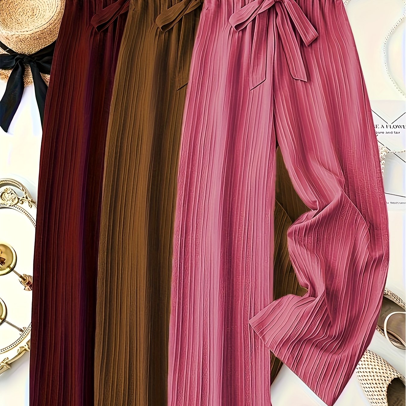 3pcs Women'S Elegant Solid Color Striped Long Pants with Bow Detail - Comfortable Loose Fit, Elastic Waistband, Perfect for Spring & Summer Casual Wear