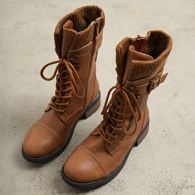 Women's Winter Lace Up Mid Calf Combat Riding Boots