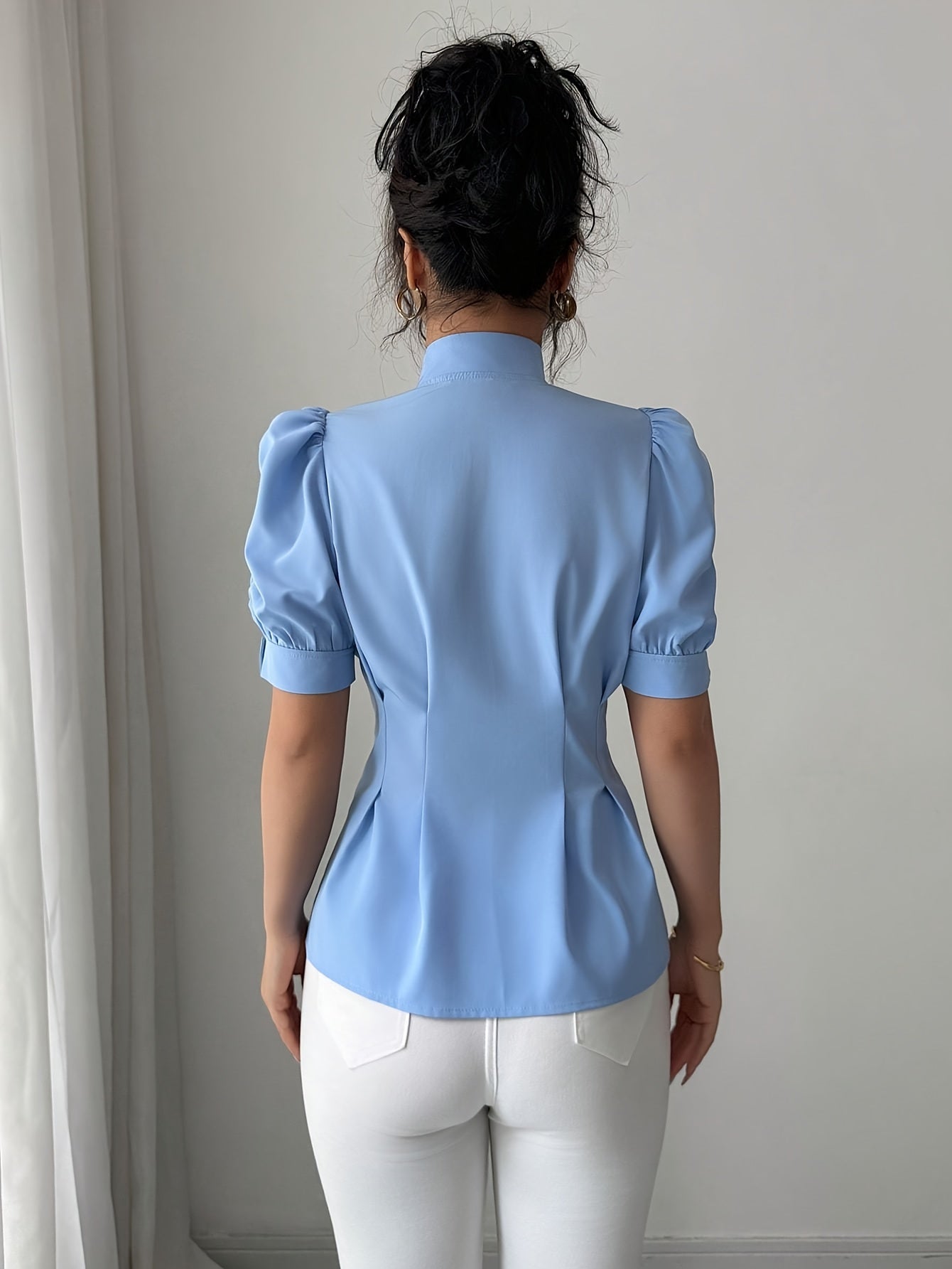 Women's Elegant Bowknot Waist Fold Blouse - Light Blue A-Line Smock Shirt with Puffed Sleeves, Structured Collar & Ruffled Trim, Machine Washable Solid Color Top for Spring Summer Fall Casual & Formal Outfits, Non-Stretch Fab
