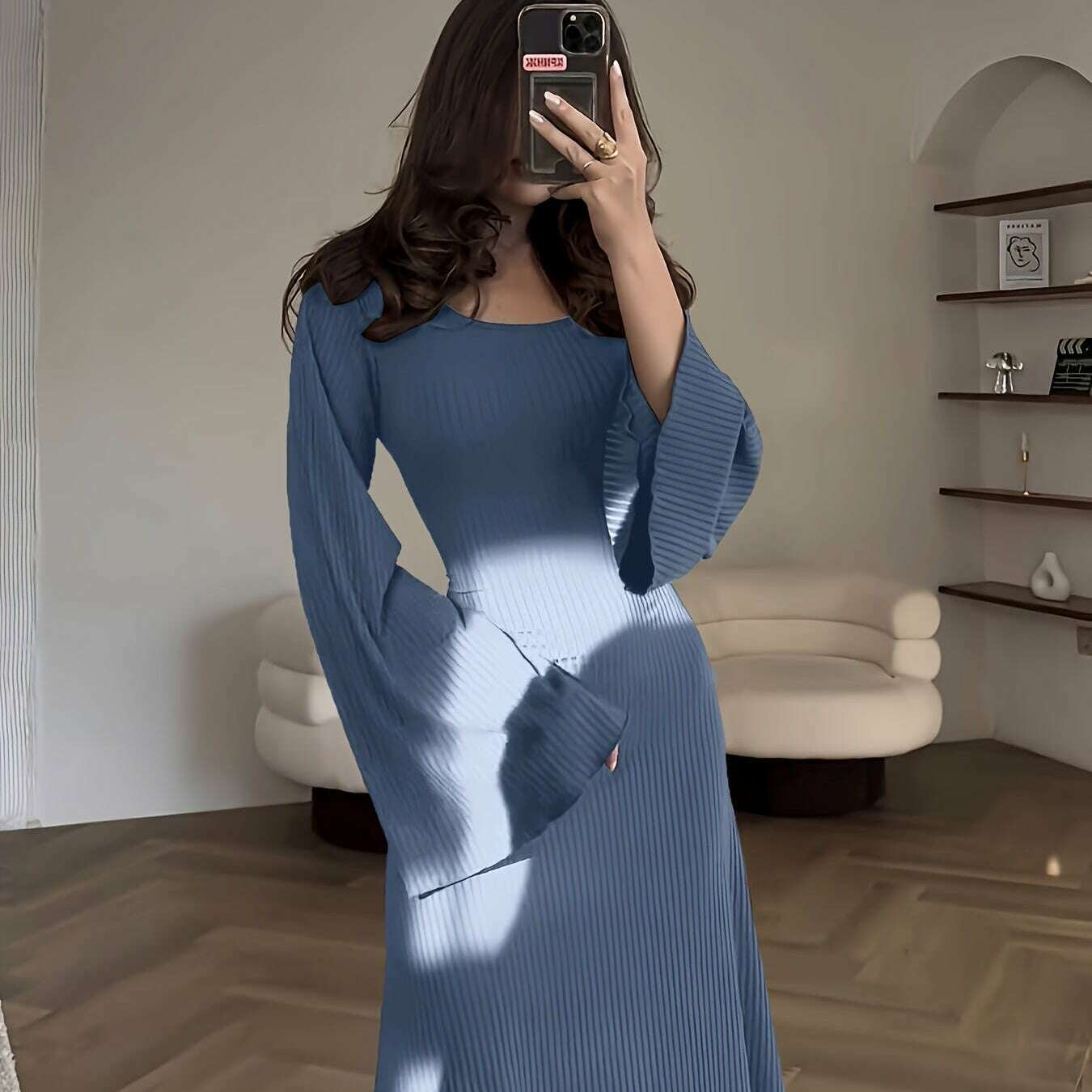 Solid Color Women'S Ribbed Knit Dress with Long Bell Sleeves, Round Neck, And Back Tie.
