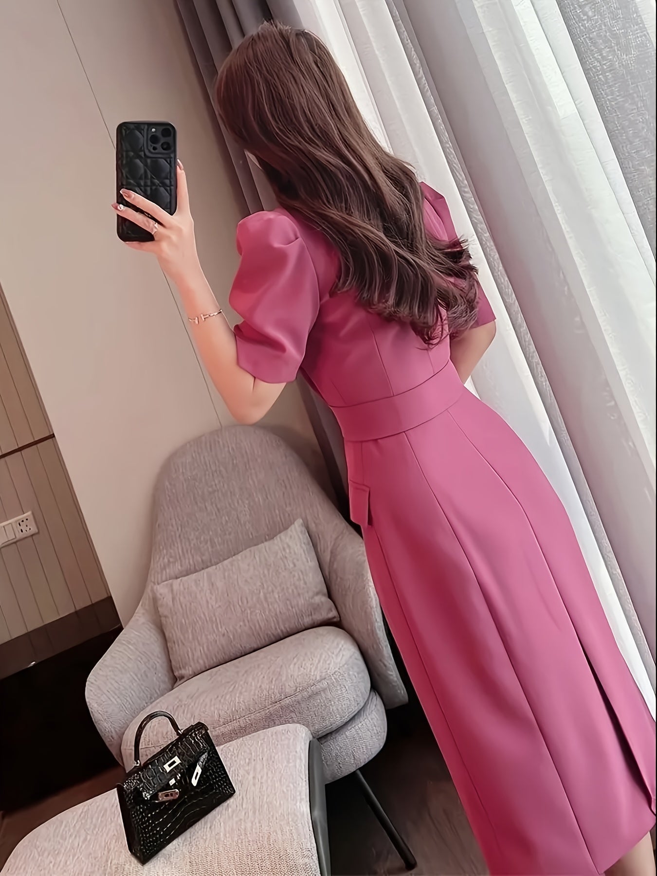 Elegant French-Inspired Magenta Pink Pencil Dress - Chic Notched Collar, Button Detail, Polyester Blend for Women, Perfect for Spring & Fall