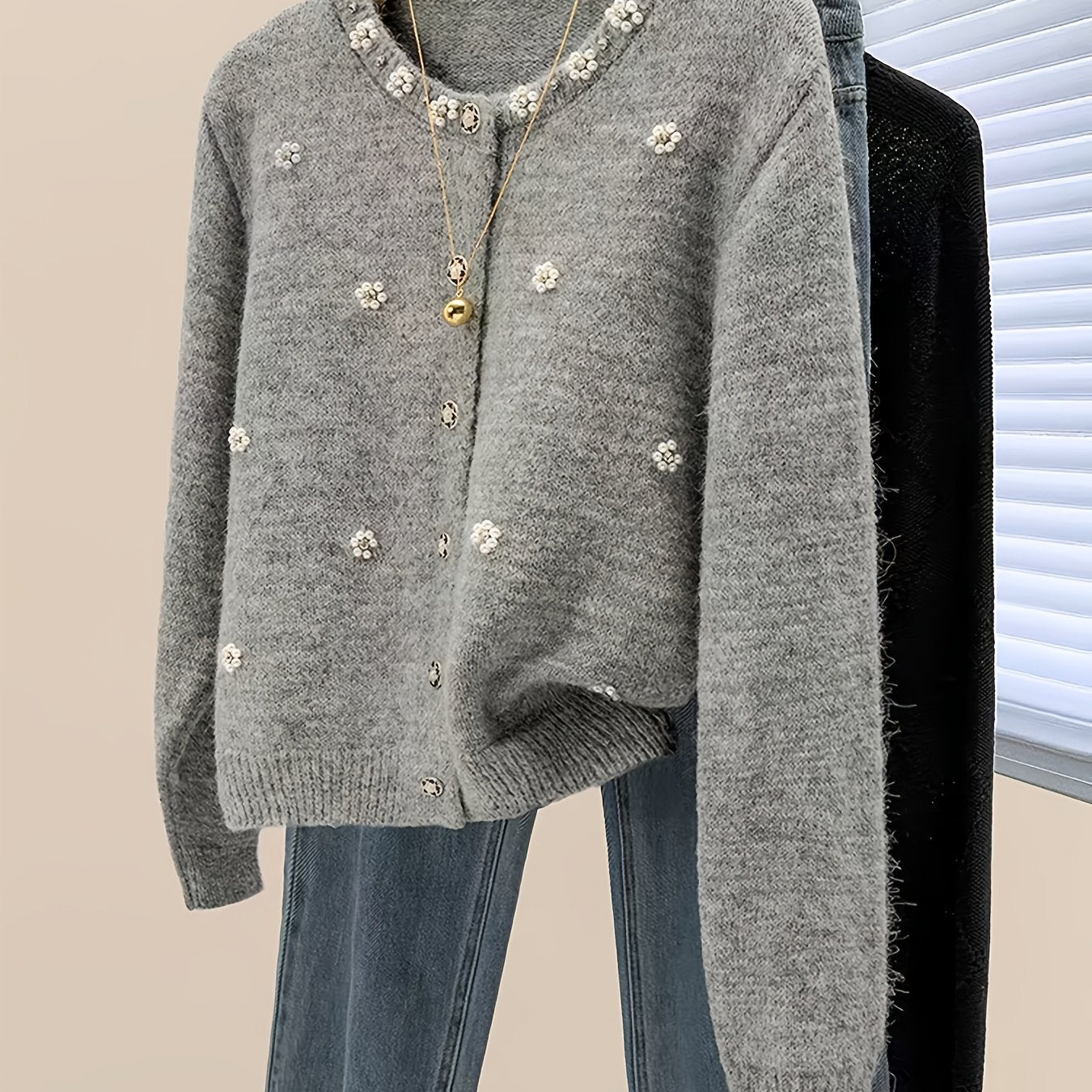 Women's 2025 New Beaded Cardigan Sweater - Soft Round Neck Long Sleeve Button Front Closure with Beaded Collar & Sleeve Trim, Machine Washable Winter Sweater for Fall and Winter, Casual to Semi-Formal Outfits