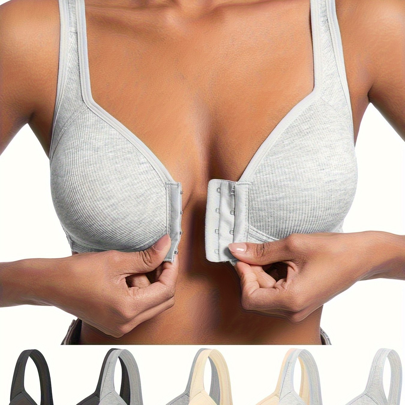 4pcs Women'S Elegant Seamless Push-Up Bras- Front Closure, Breathable Nylon, Non-Padded Comfort Fit, Beige& Black for Casual Attire& Casual Outfits, Wirefree Bras, Sleek Bra Design, Smooth Texture Finish