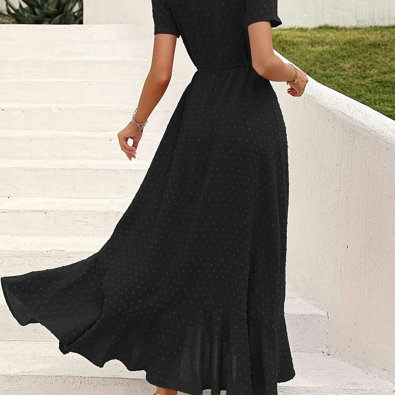 Elegant Women's Swiss Dot Surplice Neck Maxi Dress - D&M Boutique