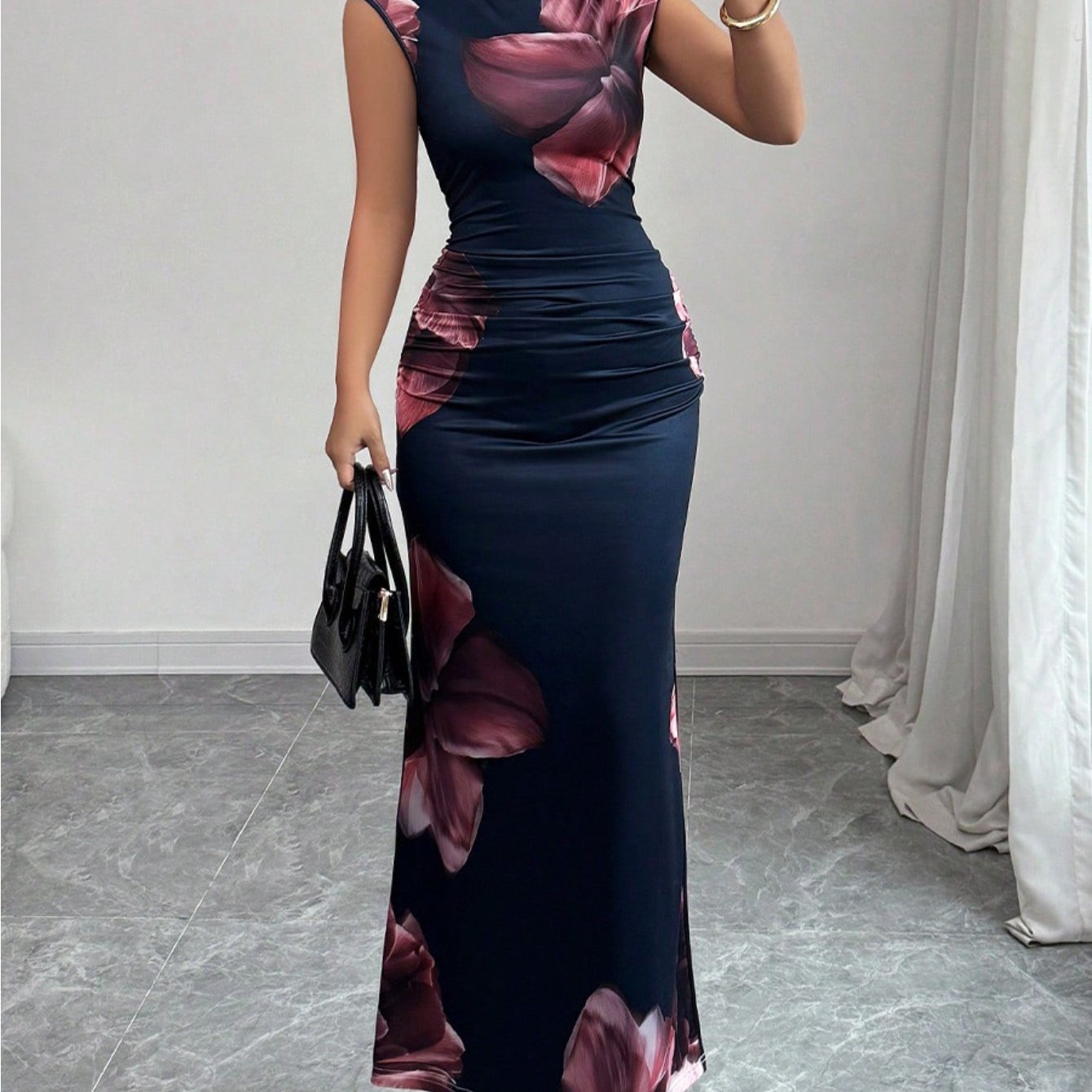 Women's Slim Fit Sleeveless Bodycon Dress - Dark Navy Blue Floral Print A-Line Mid-Length Dress, Machine Washable Elegant Party & Travel Dress for Spring Summer Fall, Tight Fitted Dress, Sophisticated Craftsmanship, Street St