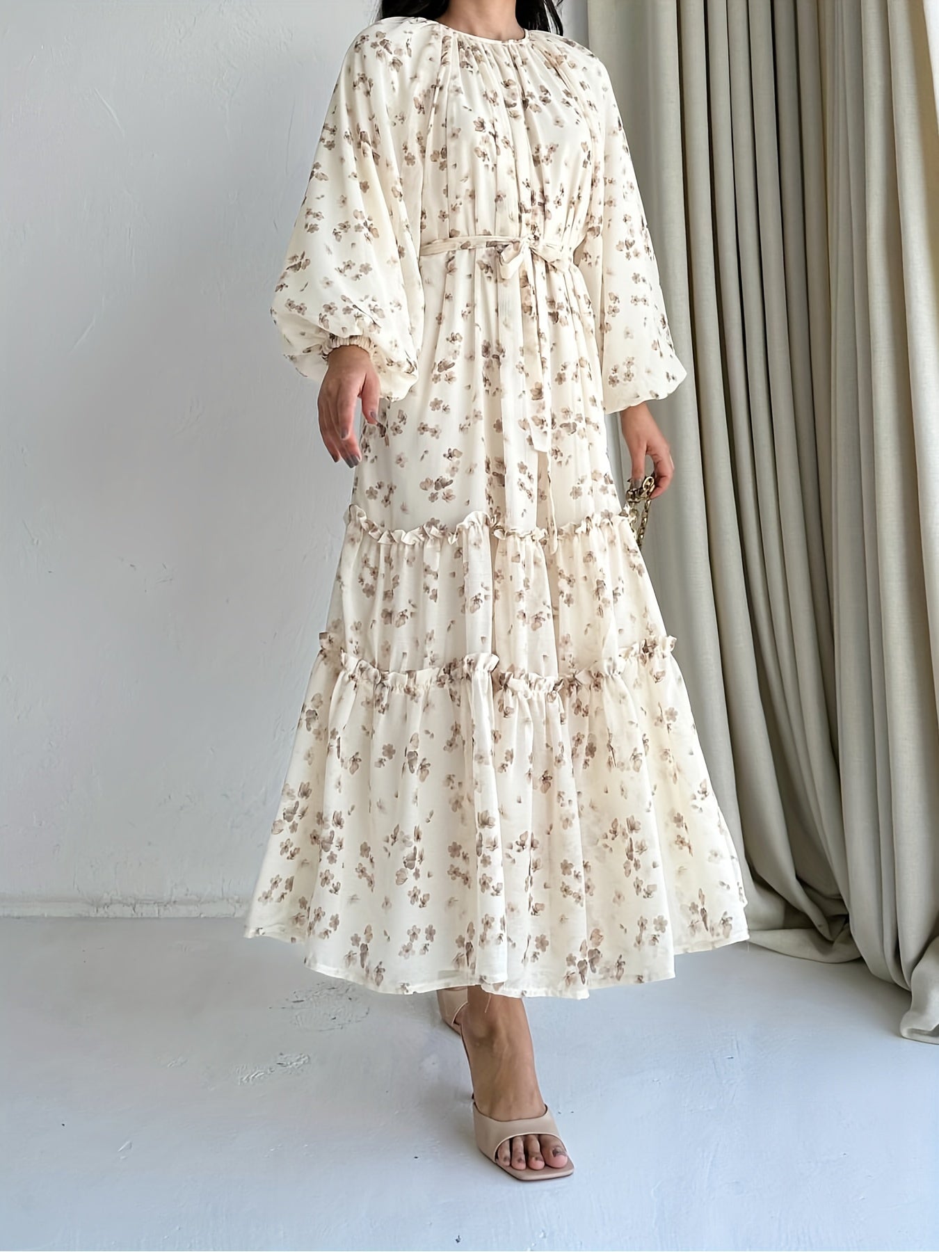 Stunning Floral Print Crew Neck A-Line Dress - Elegant Long Sleeve, Tiered Hem, Comfortable Fit, Versatile Occasion Wear - Womens Clothing for Everyday Elegance