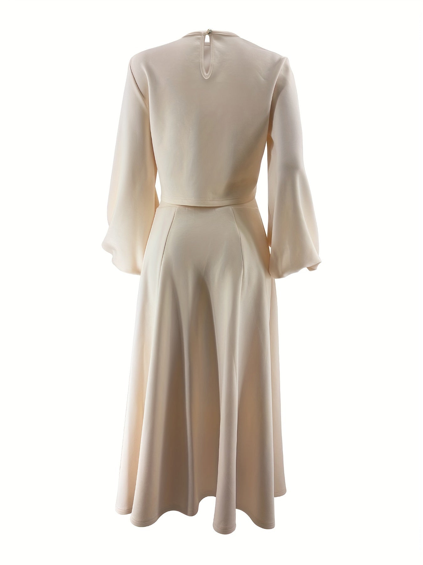 Chic Solid Color Skirt Set - Elegant Crew Neck Lantern Sleeve Top, Flowy Pleated Draped Midi Skirt, Comfortable Women's Clothing for Everyday Wear