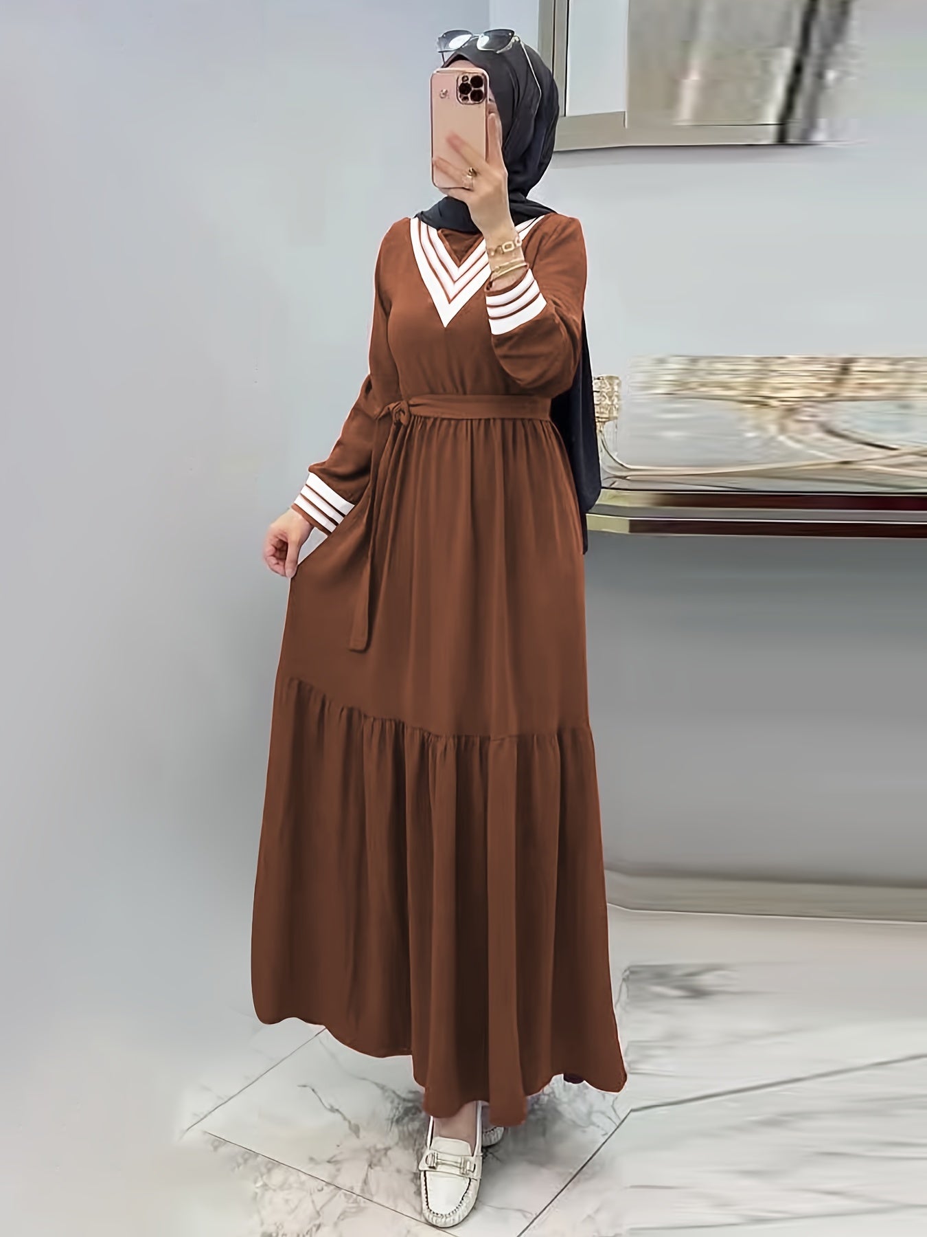 Ramadan Elegant Long Sleeve Tie Waist Maxi Modest Dress - Abayas for Women with Solid Color, Comfortable Wear, and Modest Fashion - Perfect for Islamic Occasions and Everyday Wear