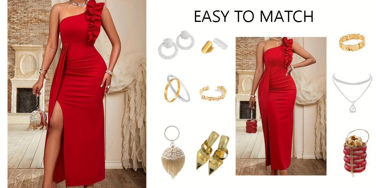 Women'S Elegant Formal Party dress - Sleeveless One-Shoulder Evening gown, Bodycon Fit with Asymmetric Neckline, Red Formal event dress for Women - Perfect for Valentine's, Galas, Proms, Weddings - Sophisticated Party Outfit,
