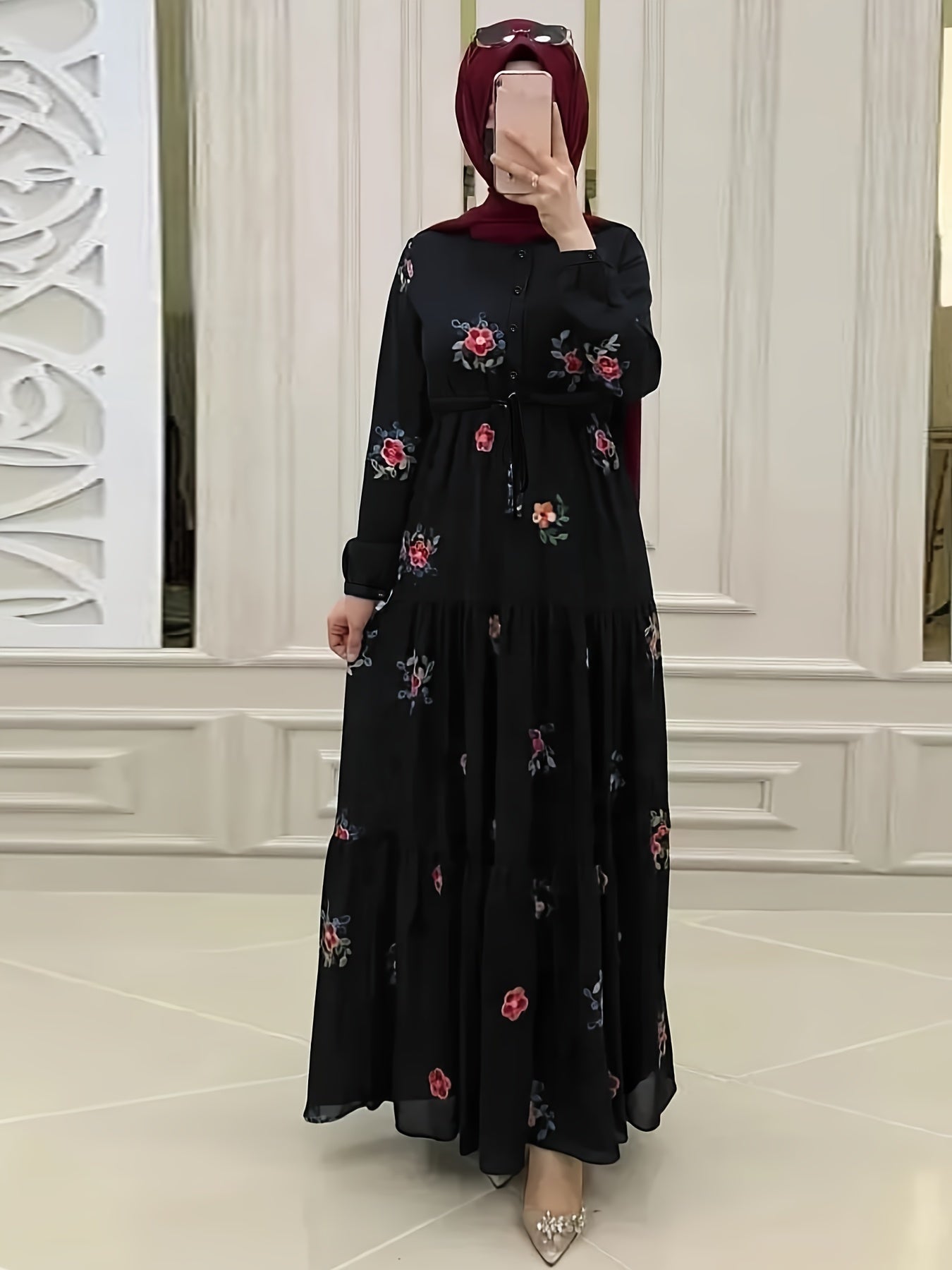Ramadan Floral Pattern Abaya Dress, Elegant Button Front Long Sleeve Maxi Dress, Women's Clothing