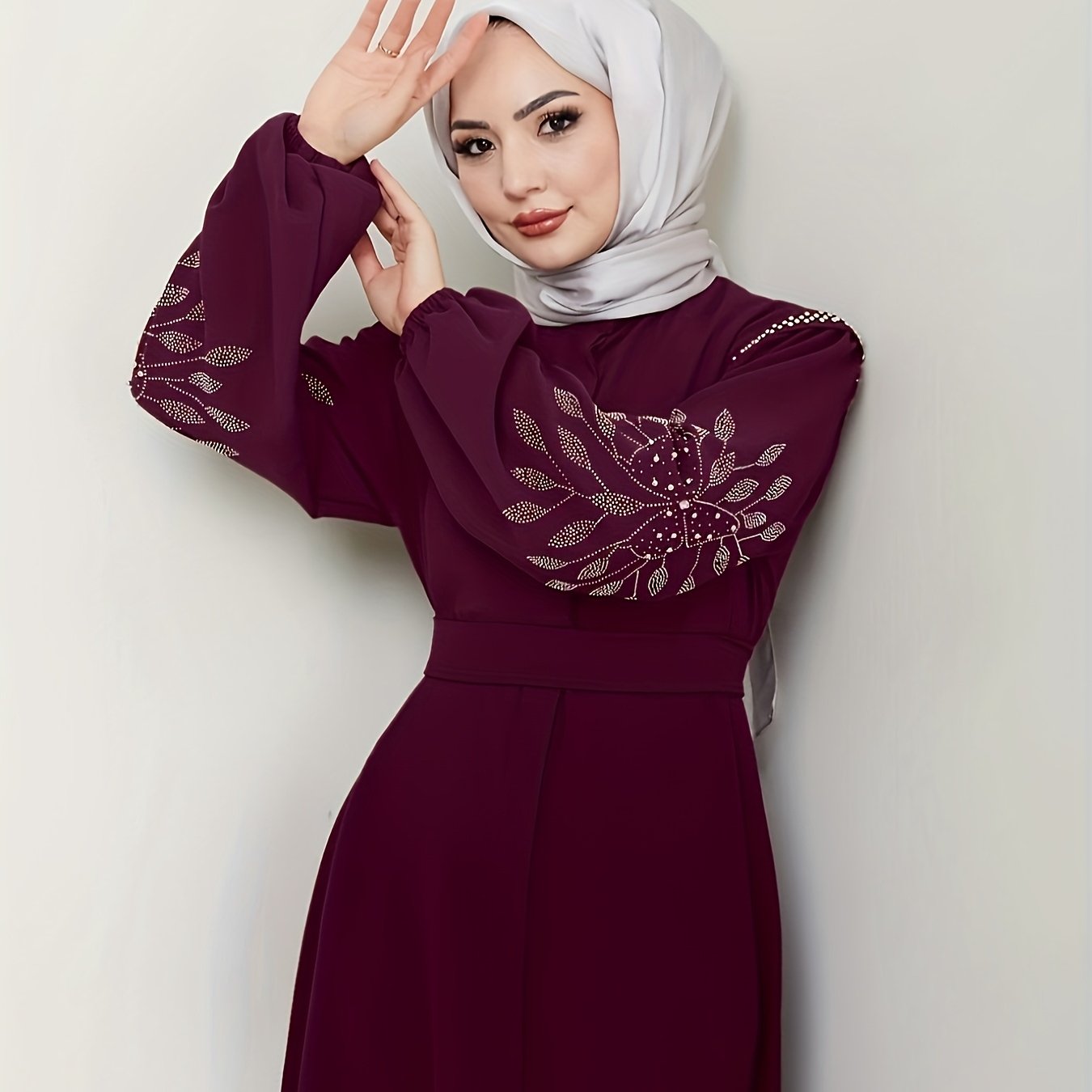 Elegant Black Abaya with Rhinestone Embellishments - Long Sleeve, Belted, All-Season Traditional Muslim Dress for Women, Islamic Fashion, Sophisticated Craftsmanship