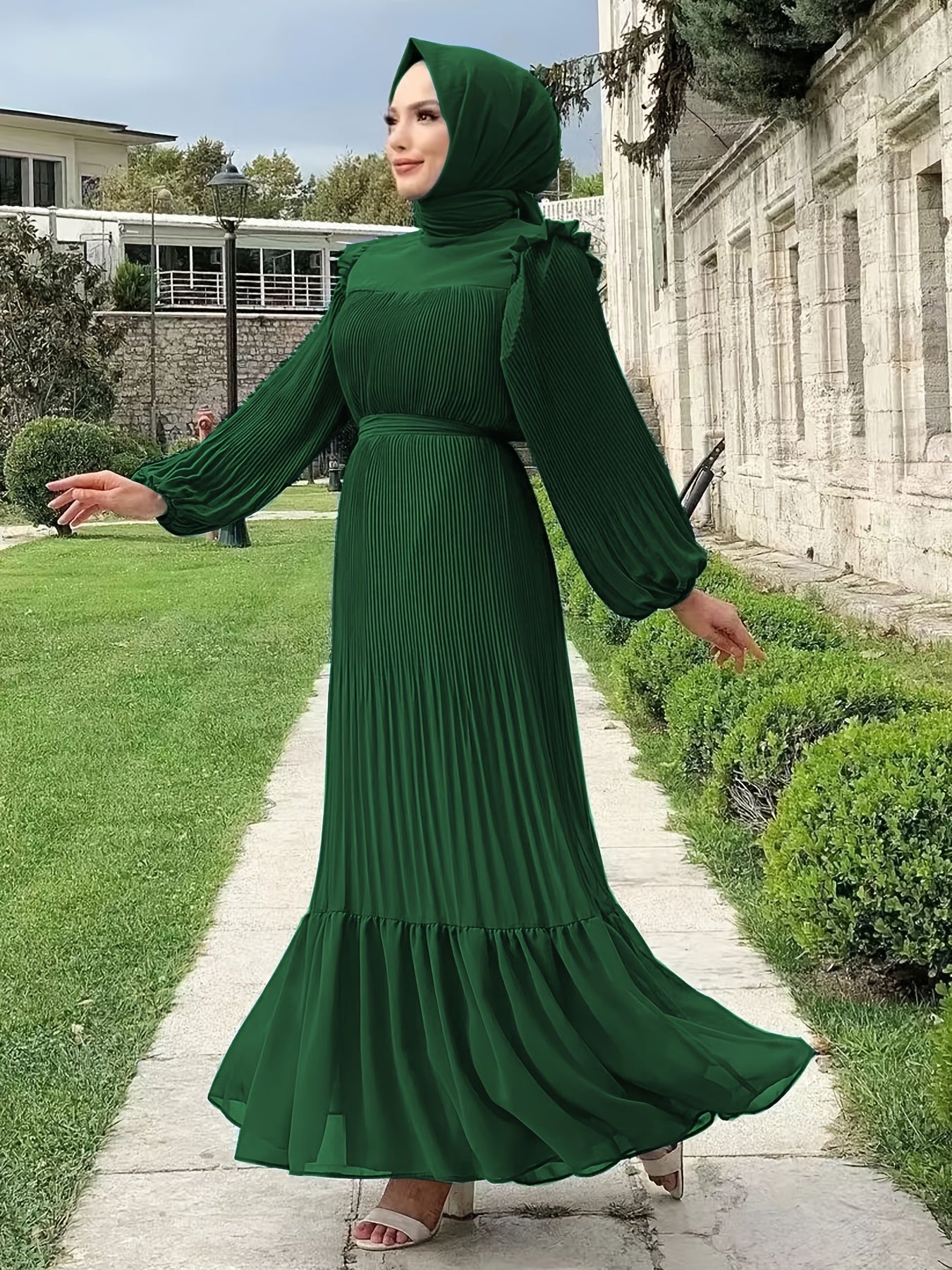 Women's Middle Eastern Muslim Abaya Kaftan Dress - Modest Long Sleeve Ruffled Hem Solid Color Traditional Dress with Belt, Machine Washable All-Season Casual Wear, Modest Apparel | Soft Texture