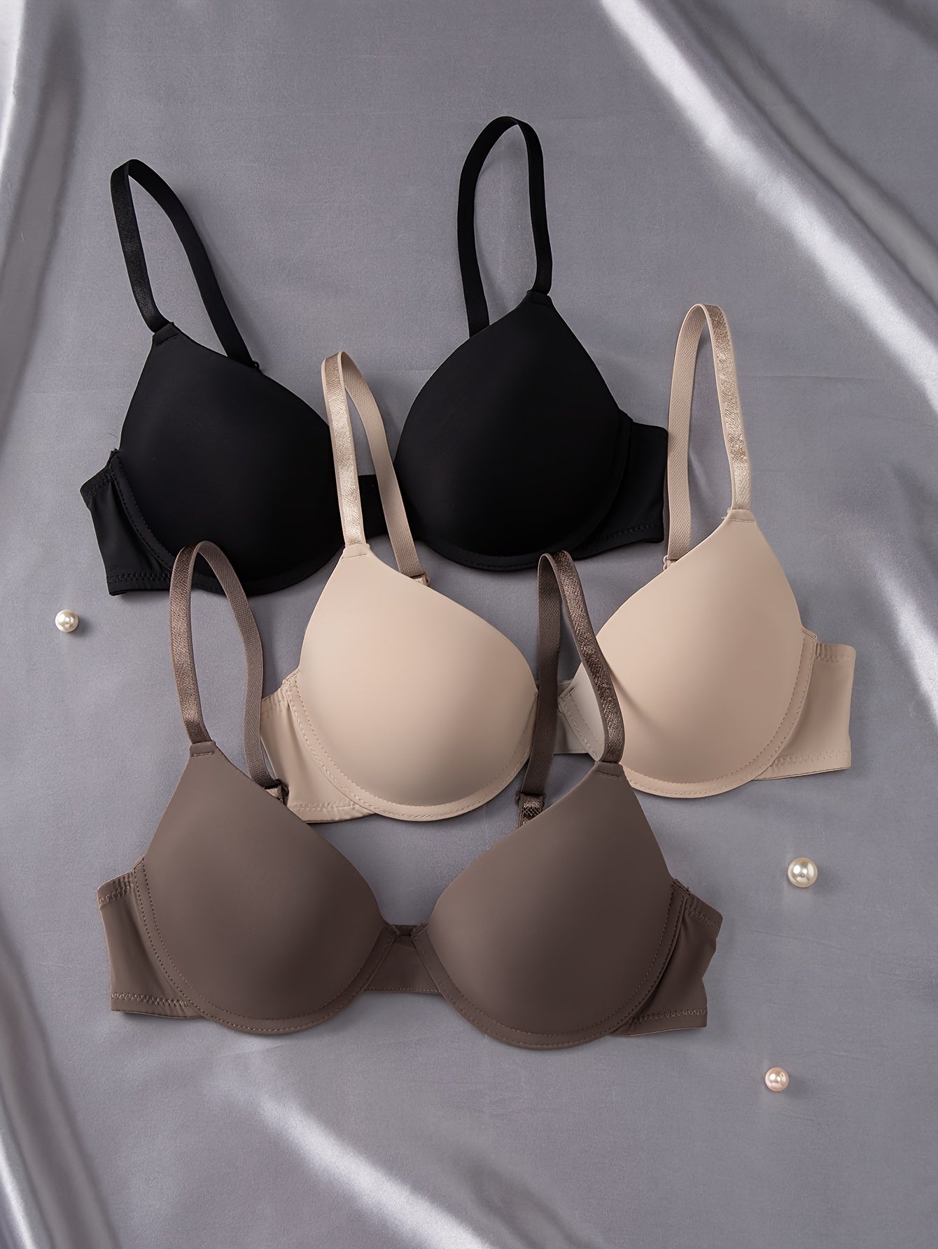 3pcs Women's Ultra-Soft Seamless T-Shirt Bras - Push-Up Support with Breathable Cups, Underwire for Lift, Nude/Beige/Black, Non-Removable Pads, Everyday Comfort for Casual & Formal Wear, Versatile Bra Sizes, Simple Elegant De