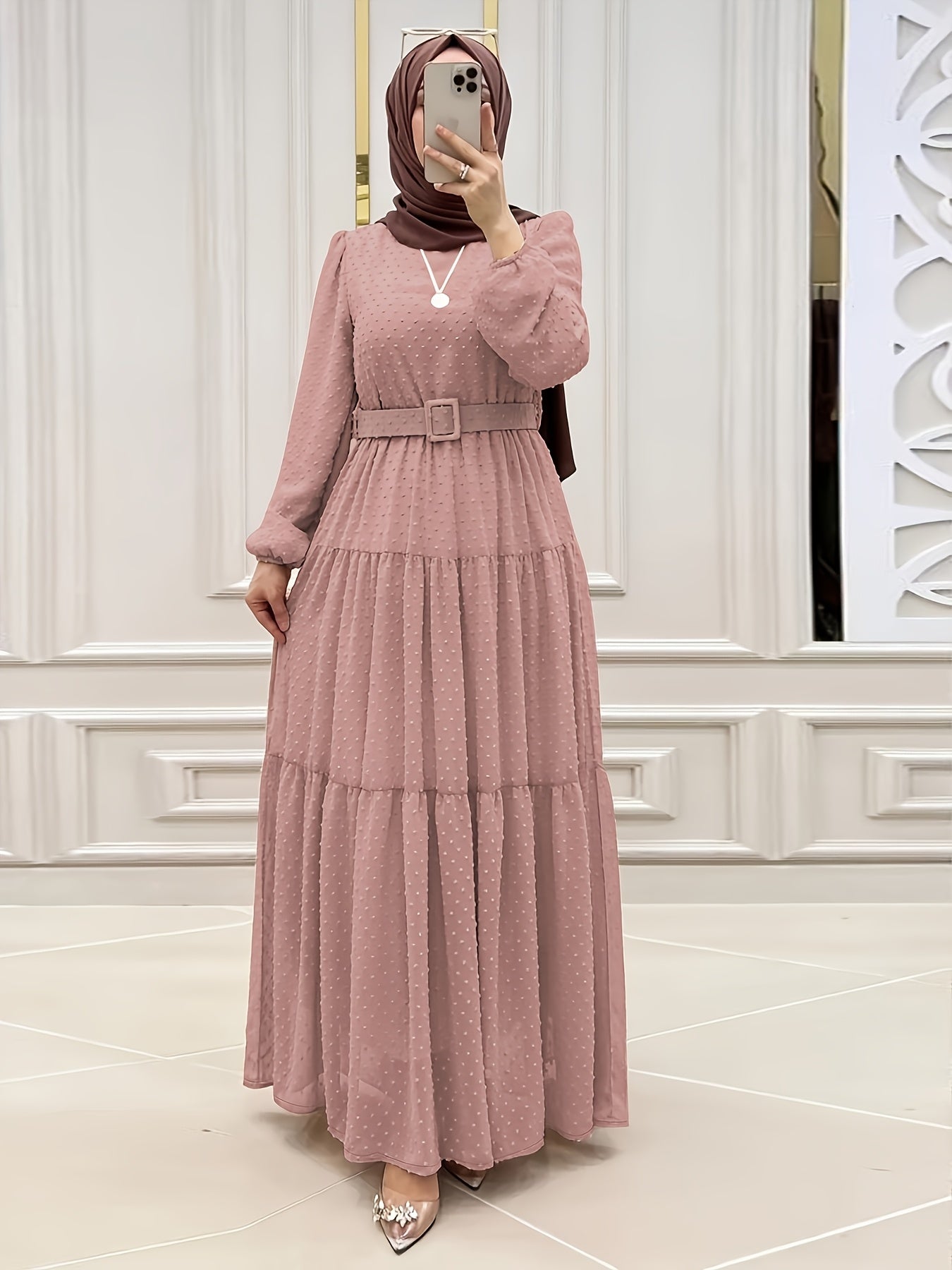 Women's Elegant Muslim Abaya Dress - Soft Pink Islamic Robe with Waist Belt, Flowy Long Dress for Everyday & Special Occasions, Machine Washable Modest Muslim Outfit (No Headscarf Included) - Middle Eastern Formal attire, Mus