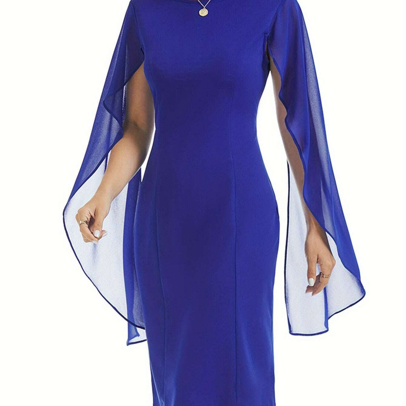 Elegant Midi Bodycon Dress with Cape Sleeves and Slit Hem - D&M Boutique