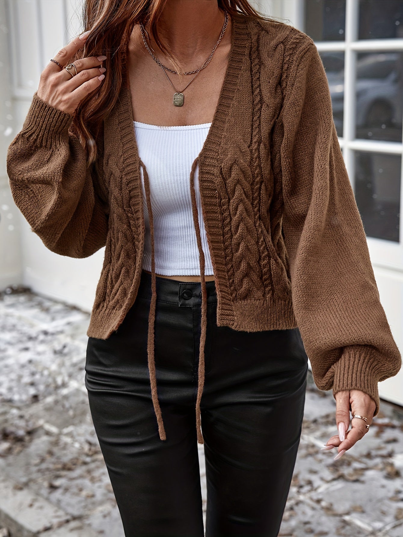 Long Sleeve Solid Color Polyester Cardigan - Elegant Casual Knit Sweater with V-Neck, Tassel Detail, and Drawstring for All Seasons