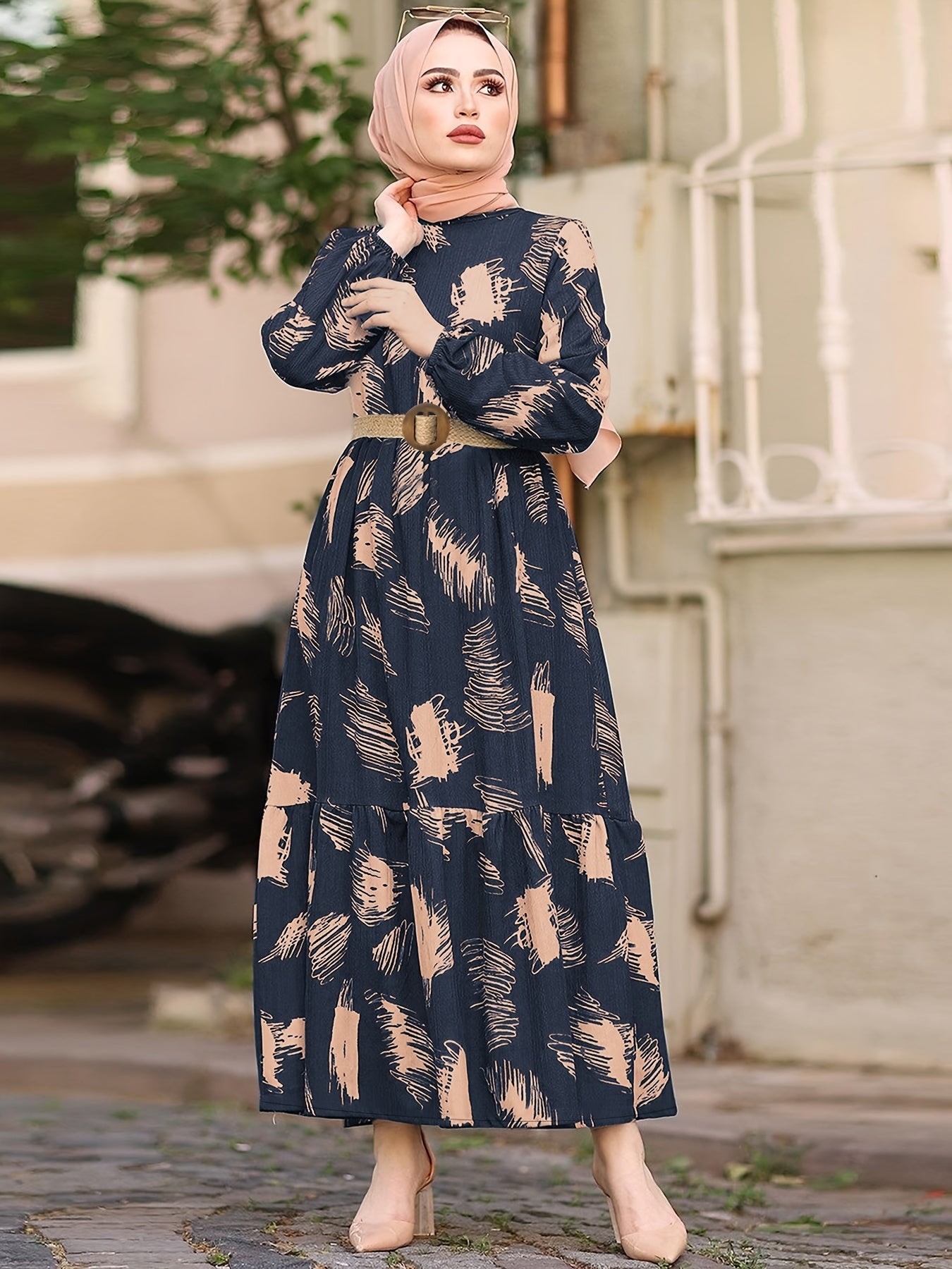 Long Sleeve Ramadan All Over Print Crew Neck Maxi Kaftan, Casual Women's Clothing