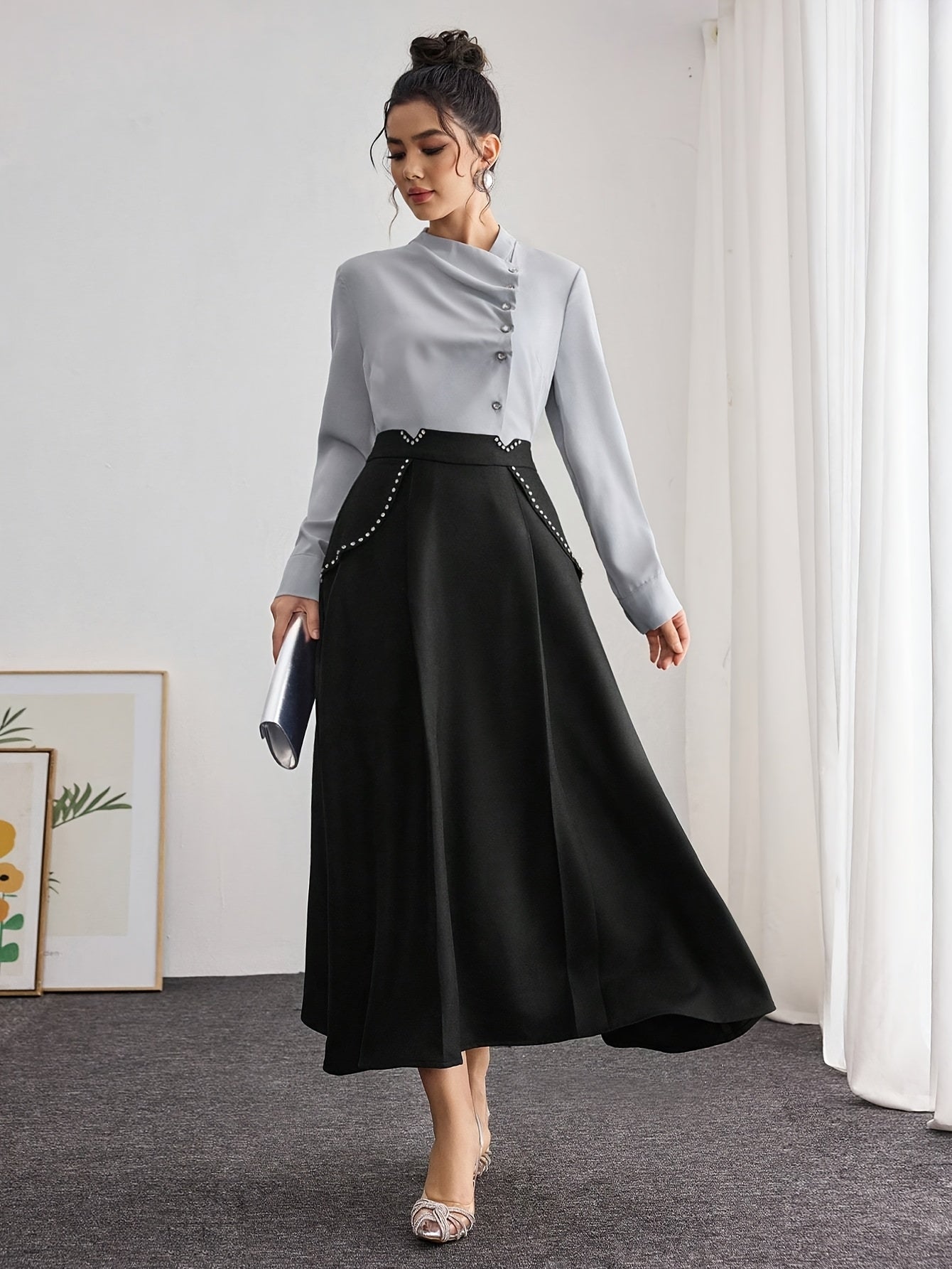 Women's Elegant French-Inspired Lace-Up Blouse with Cross Neckline & Pleated Detailing - Thick Non-Pilling Long Sleeve Shirt, Machine Washable Solid Color Top for Spring/Fall Office & Casual Wear, Lace Long Sleeve Top, Profes