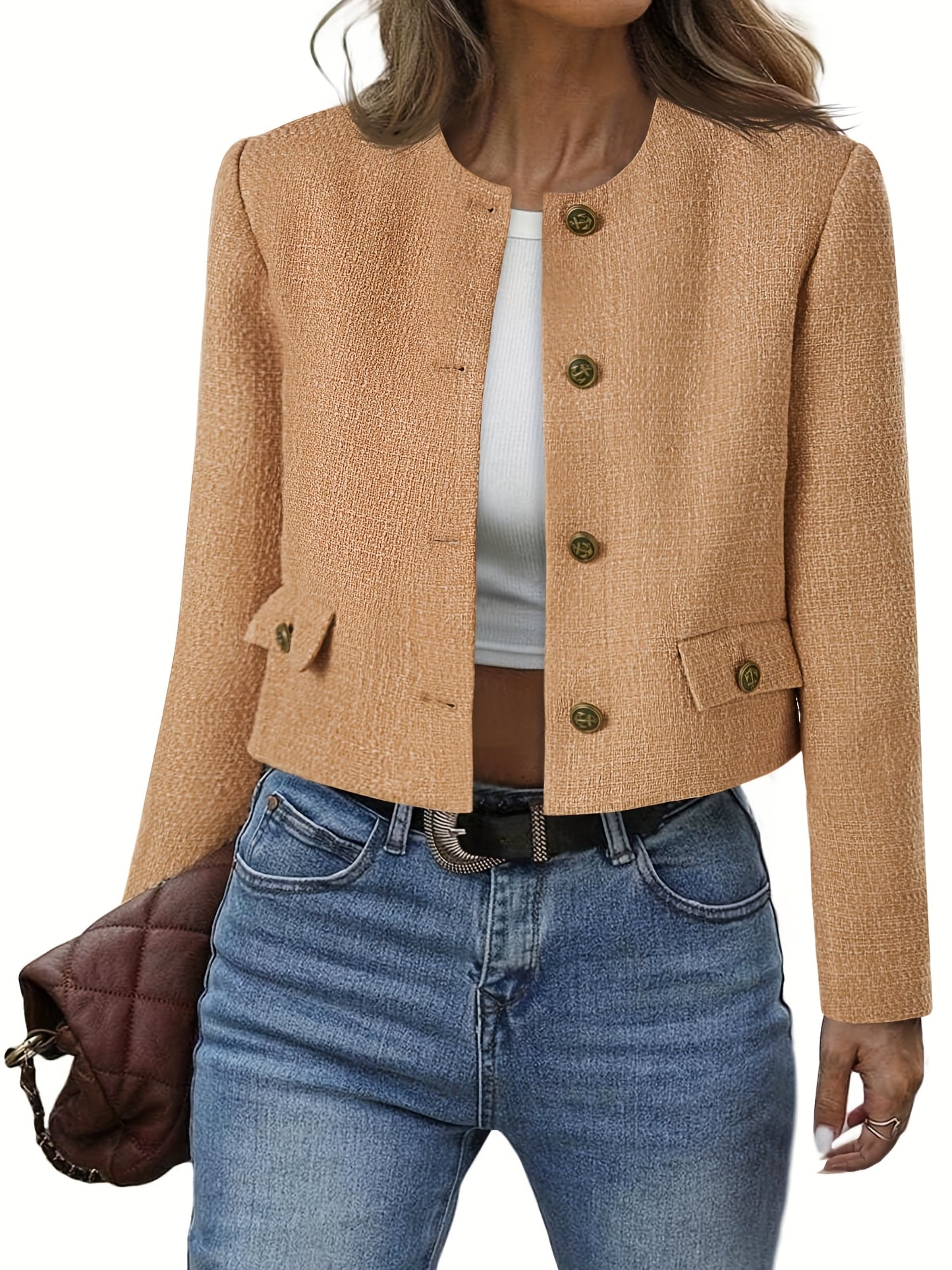 Women's Cropped Tweed Blazer - Collarless Button- Bomber Jacket, Machine Washable Business Casual Coat for Spring Summer Fall, Versatile Office to Weekend Wear