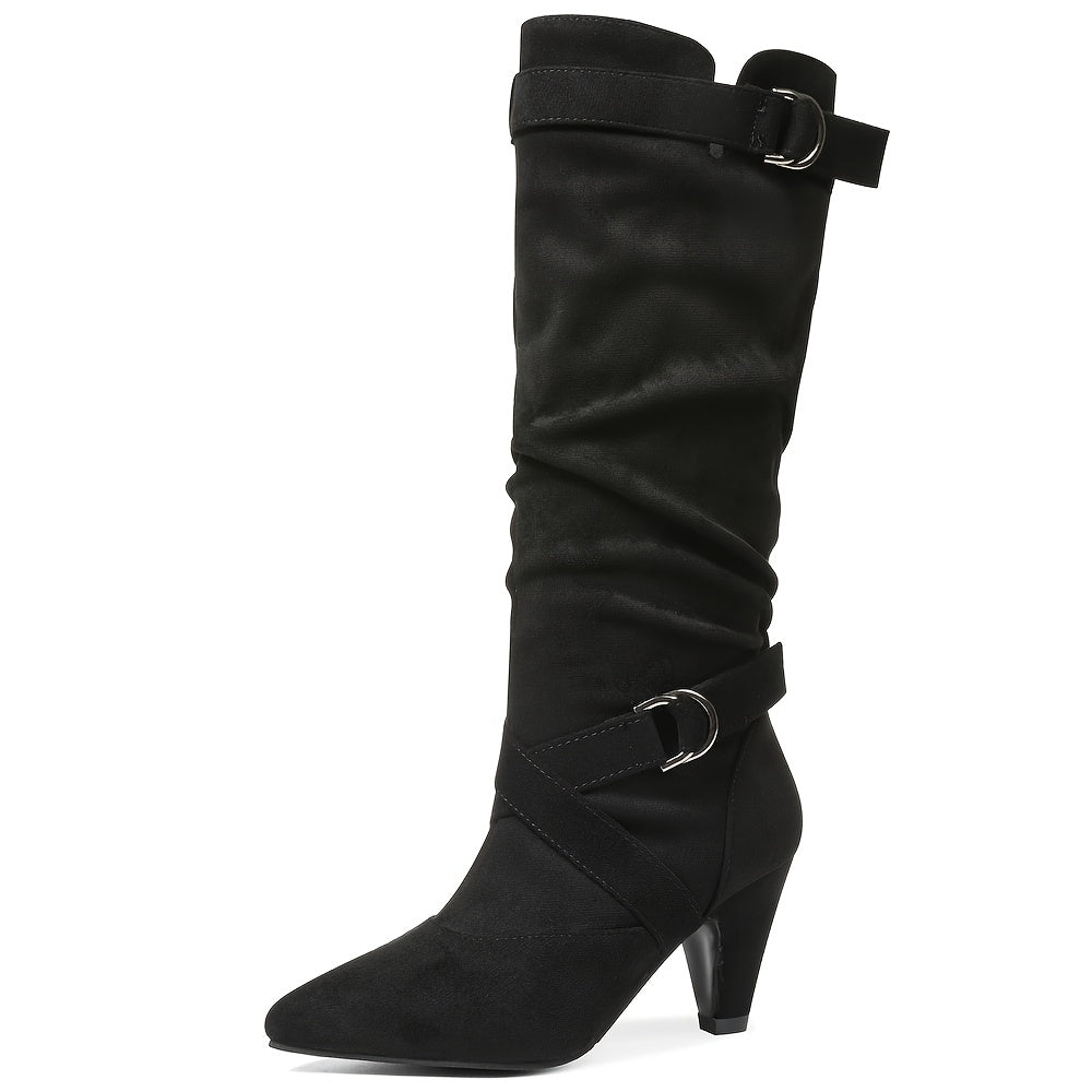 Women's Brown Retro Mid-Calf Boots - Thick High Heels, Pointed Toe, Buckle Straps, Stylish Pull-On for Party or Office, Suedelike