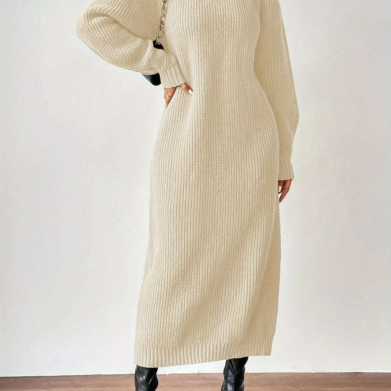 Women'S Long Sleeve Turtleneck Sweater Dress, Elegant Solid Color, Polyester, Autumn/Winter Fashion, Adult Size, Ultra-Long Length