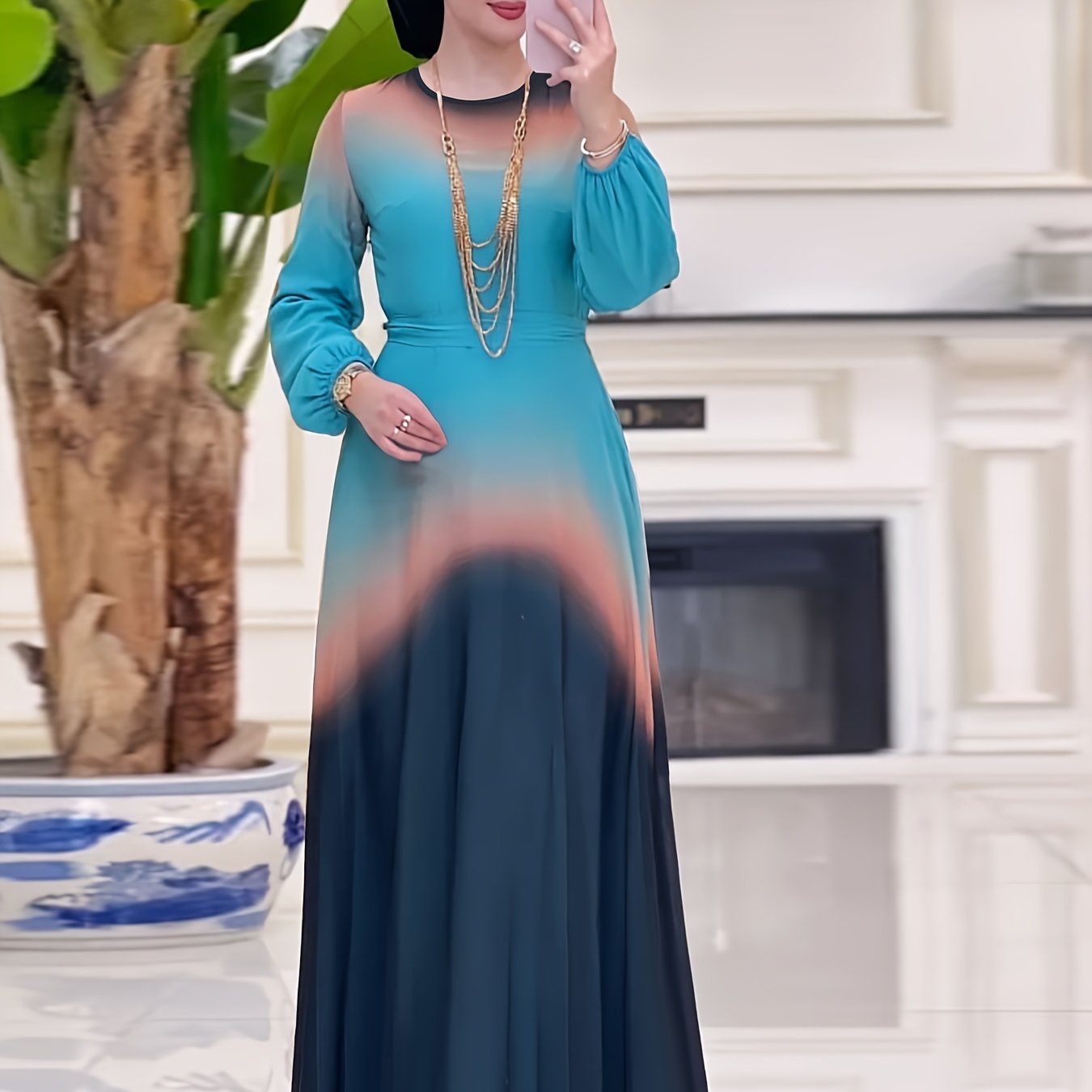 Women's Middle Eastern Muslim Abaya Kaftan Dress - Teal to Orange Gradient Long Sleeve Long Dress, Machine Washable All-Season Modest Traditional Attire for Casual & Formal Occasions, Muslim Dress, Special Occasion Wear, Flow