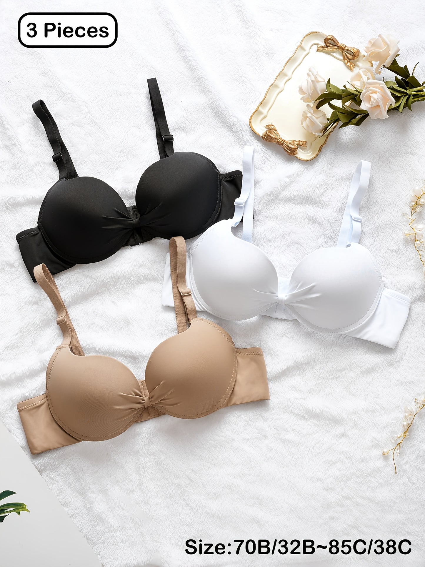 3pcs Ultra Soft Push-Up Bras for Women - Comfortable, Lightweight T-Shirt Style with Underwire Support & Non-Removable Pads