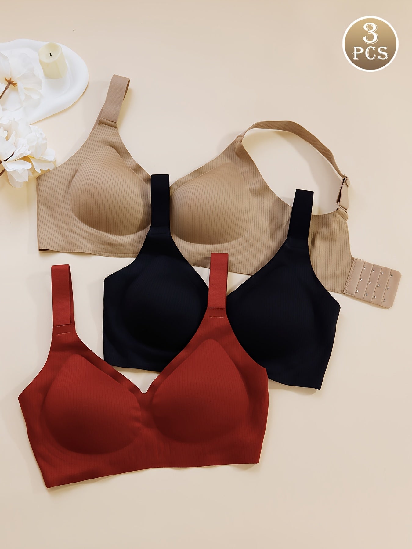 4pcs Women'S Seamless Bra - Elegant Solid Color, Wide Straps And Built-In Bra, Comfortable And Breathable Wireless Support, Non-Padded Ribbed Texture - Available in White, Beige, Black, Brown, Medium Support Bra|Seamless Unde