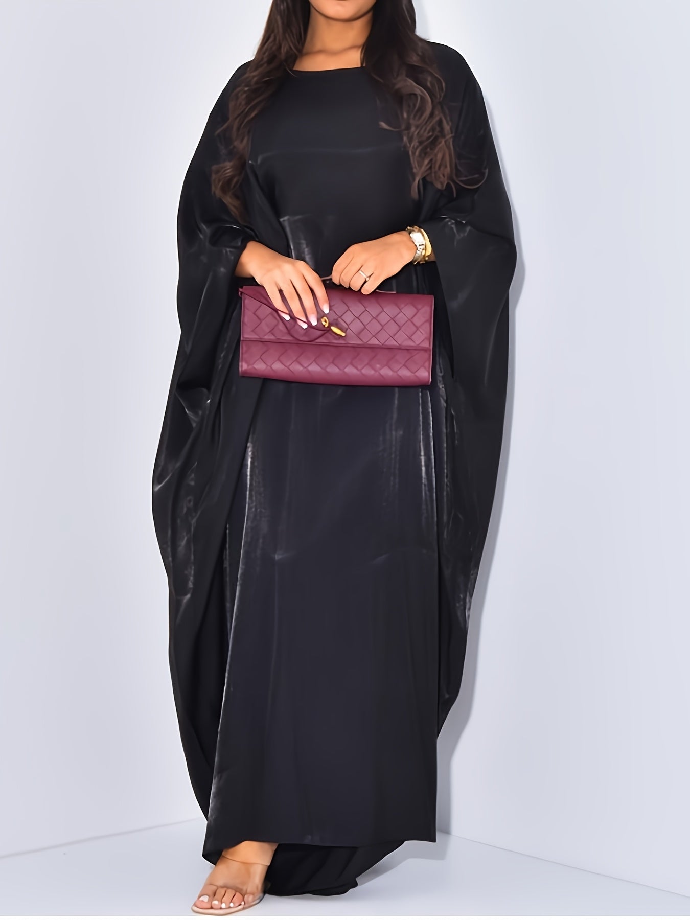 Elegant Sparkling Metallic Abaya for Women - One Size, Long Sleeve, Round Neck with Side Slit, All-Season Flowing Maxi Dress, Casual Wear|Shimmering Abaya| Flowing Design