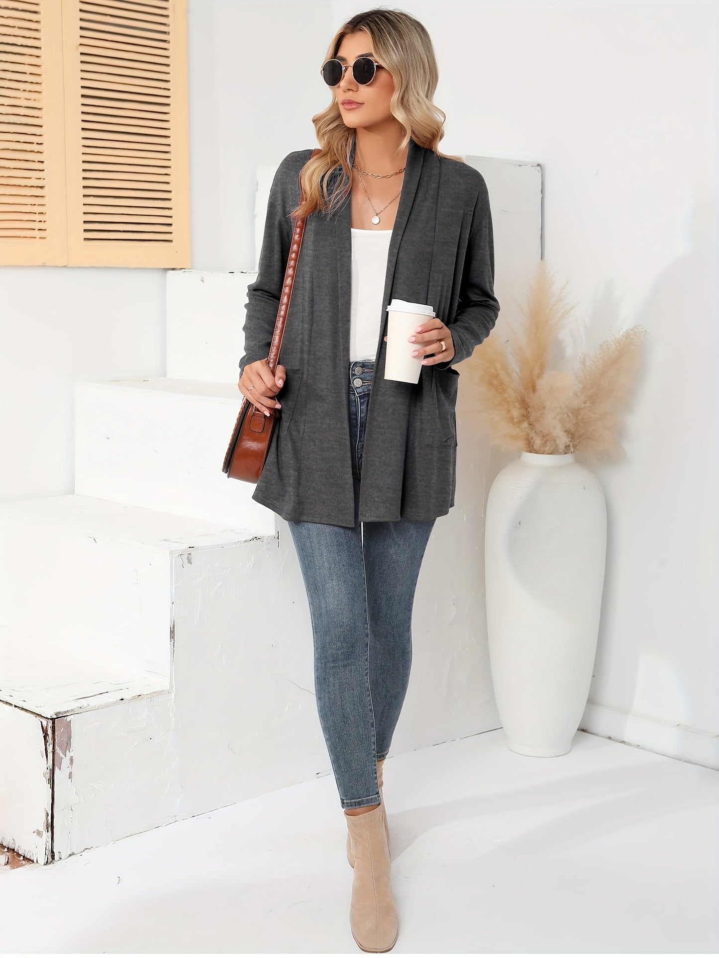 Spring & Autumn Women's Casual Solid Color Cardigan – Open Placket with Double Pocket Design