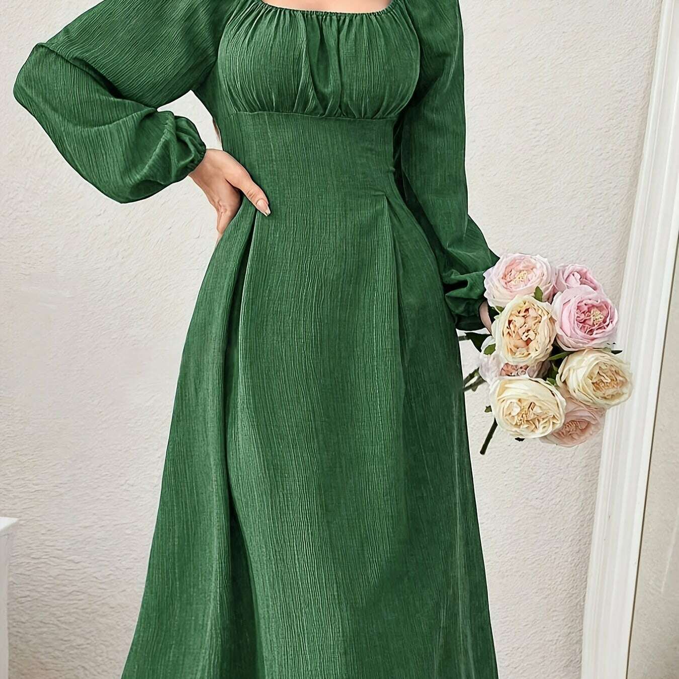 Textured Cross Tie Lantern Sleeve Dress – Elegant & Romantic