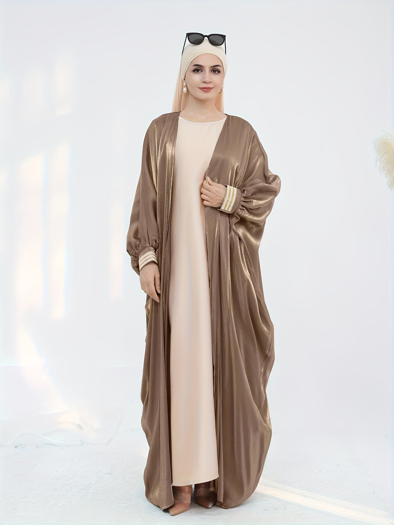Women'S Reflective Golden & Gray Batwing Sleeve Long Tunic - Long Sleeve, Flowing Design, Perfect for Spring/Summer, Stylish Layering Piece, Summer Fashion | Flowing Tunic | Glossy Finish