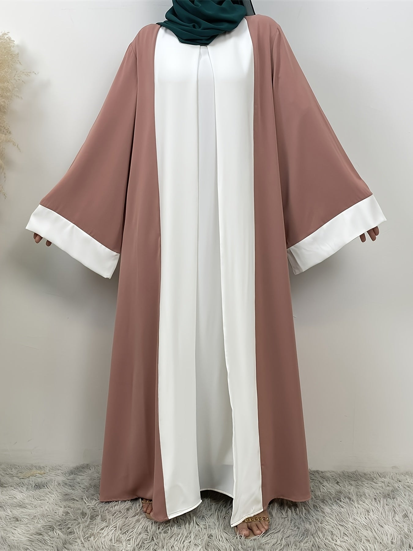 Elegant Abaya Faux Two Pieces Design, Solid Color, Long Sleeve, Kimono, Polyester, Woven, 160G/M², with Pocket, for Muslim, Spring/Fall