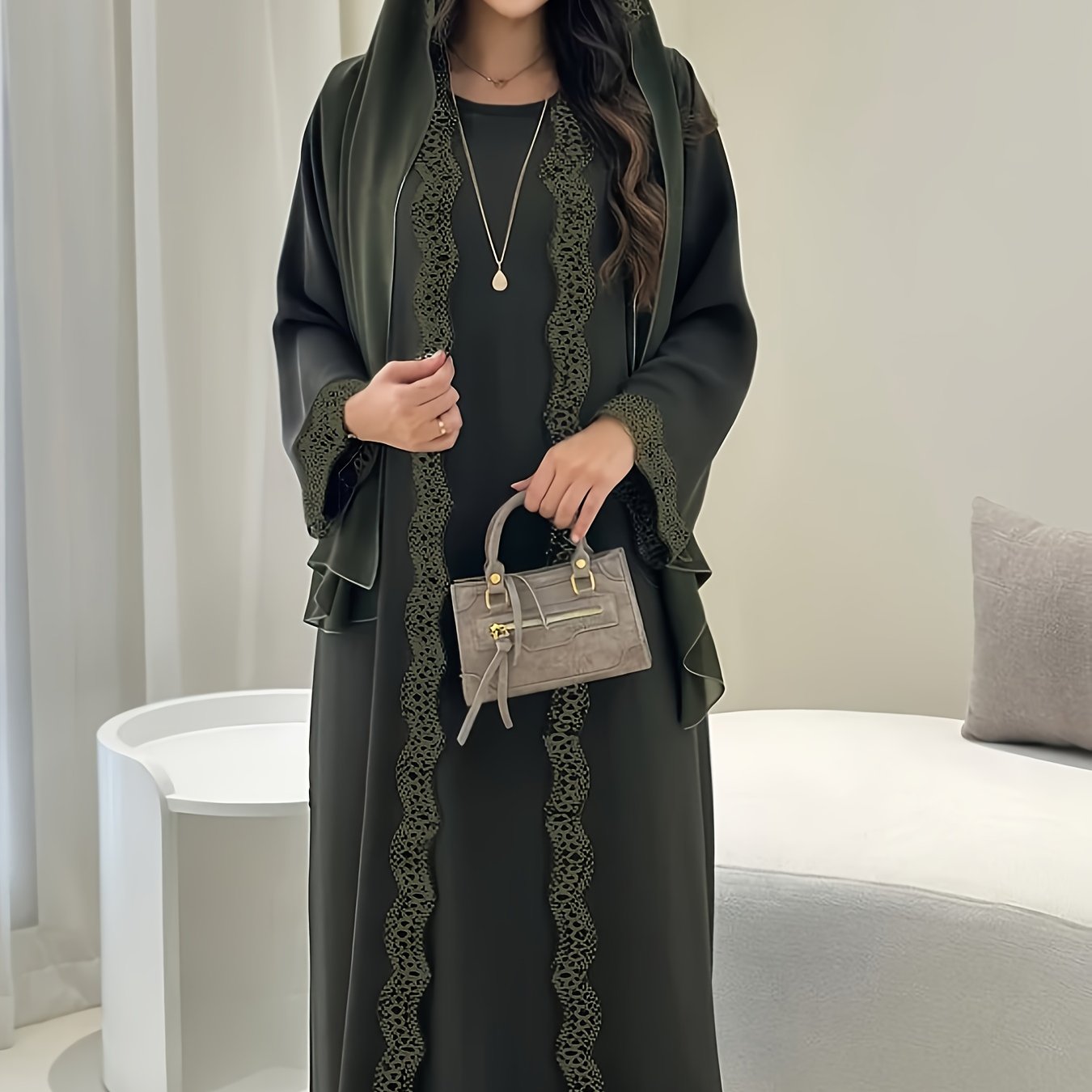 3pcs Middle Eastern Abaya Robe Set - Modest Long Sleeve Lace-Trimmed Abaya with Headscarf, Solid Color, Non-Stretch Fabric, Regular Sleeve, All-Season Wear, Loose Fit, H-Line Silhouette, Islamic Fashion, Modest Apparel | Lace