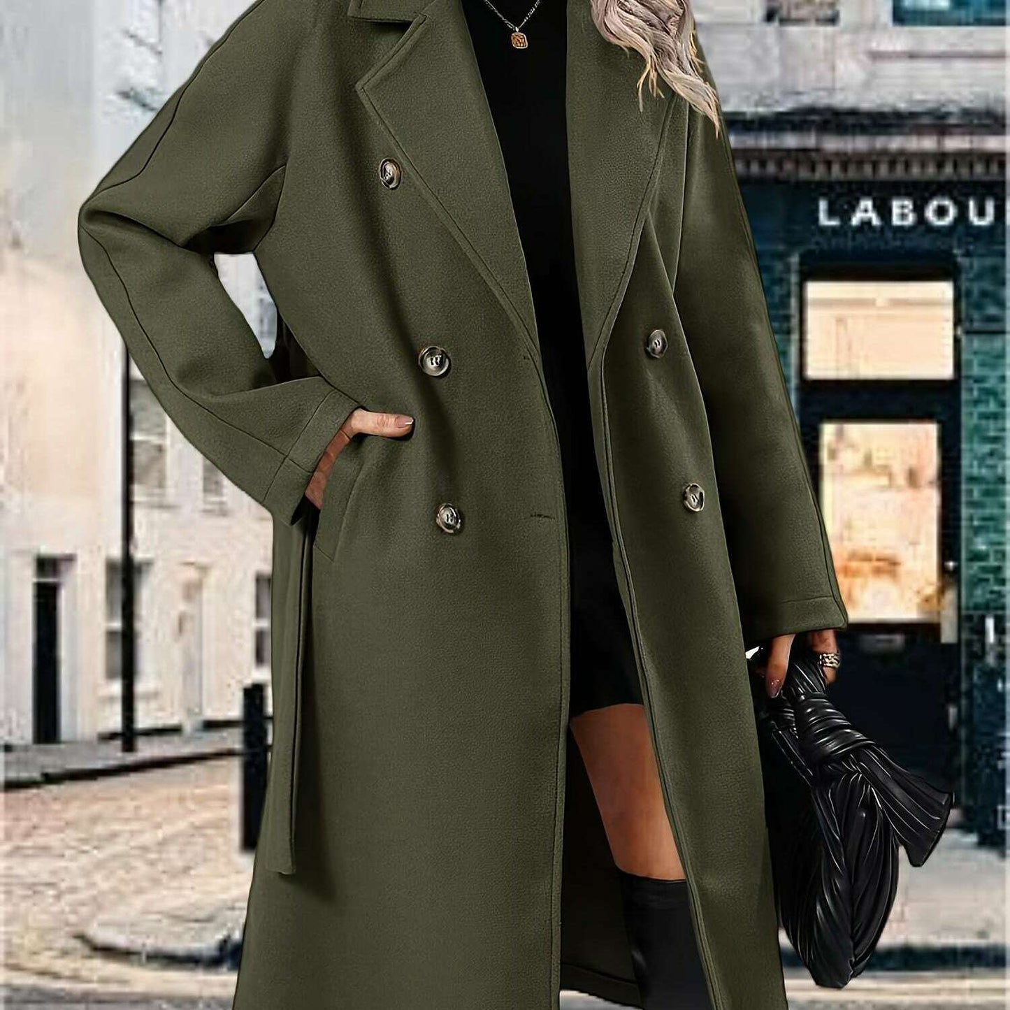 Women's Pea Coat with Lapel Collar and Belted Pockets