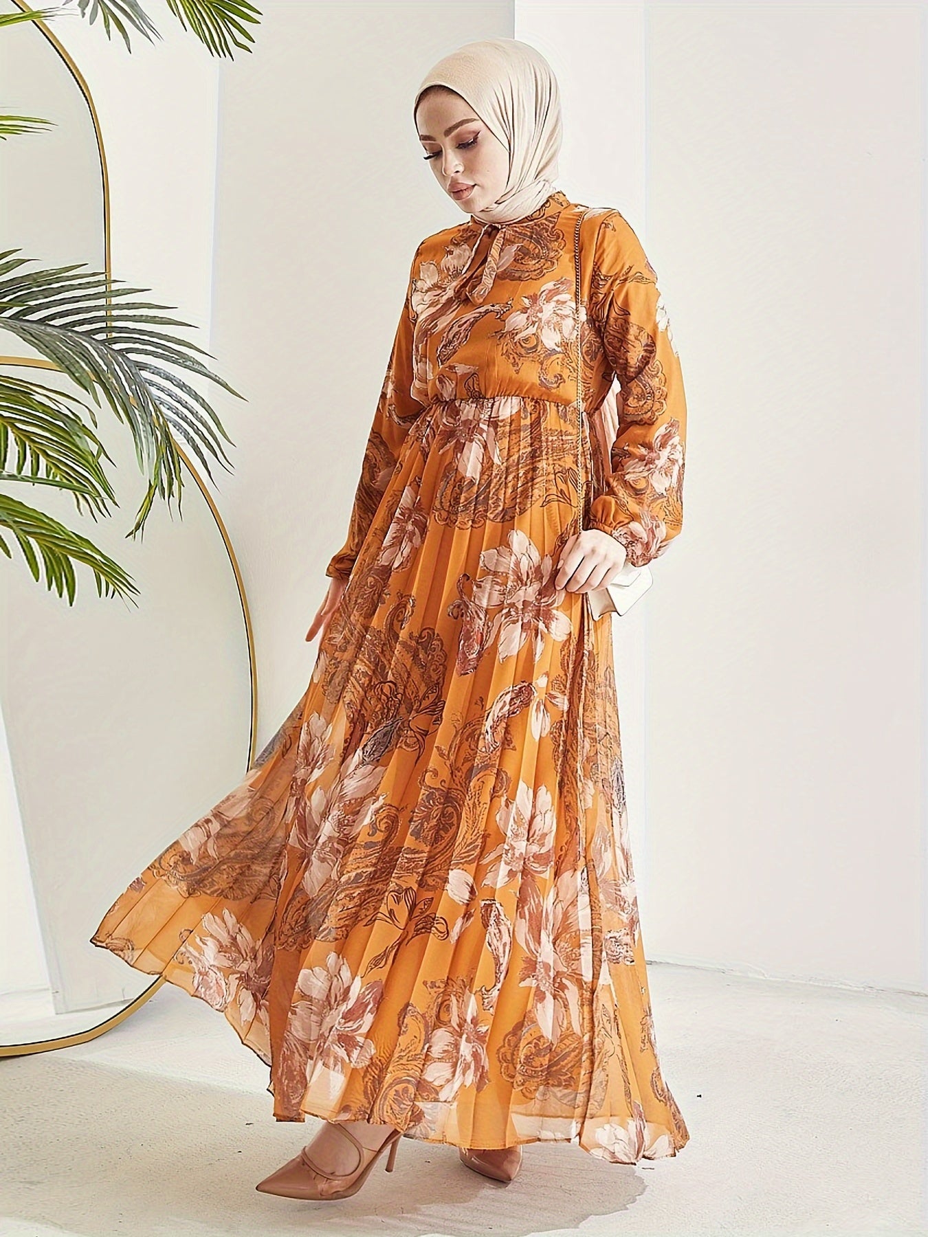 Stunning Floral Print Maxi Kaftan Dress - Modest Long Sleeve, Pleated, Flowy, Polyester, Machine Washable, Random Printing, Middle Eastern Style - Perfect for All Seasons