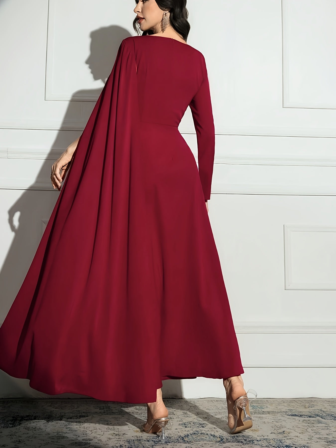 Elegant Maroon A-Line Midi Dress with Keyhole Detail - Long Sleeve, Round Neck, Flowing Silhouette, Perfect for Weddings & Formal Events, A Dress for Women