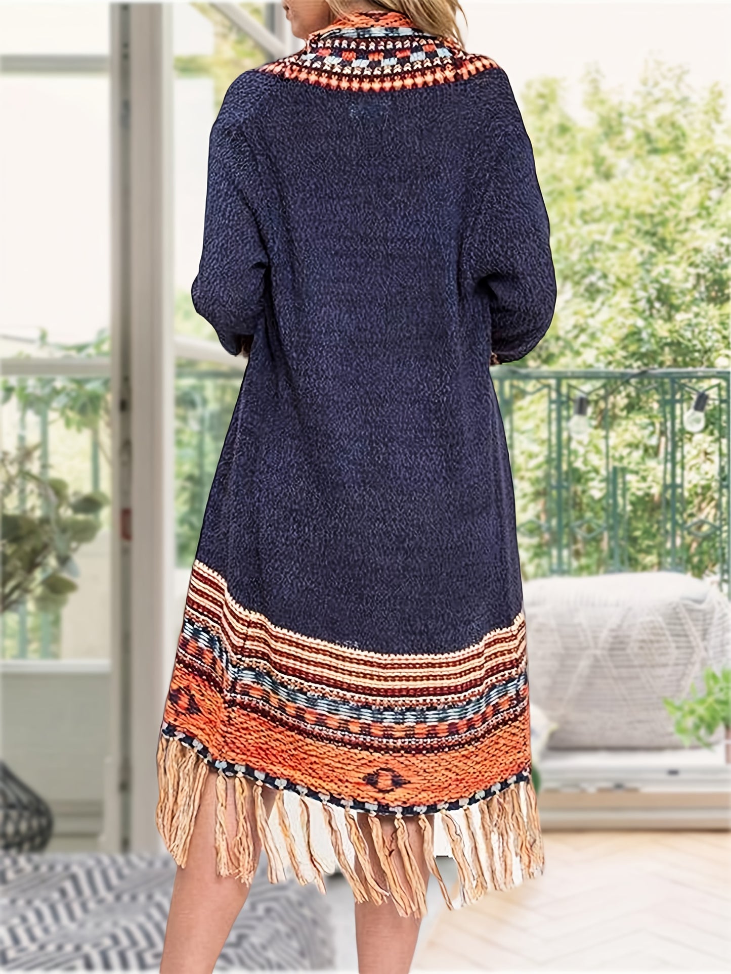 Women Boho Cardigan Sweater Long Open Front Maxi Knit Sweaters Aztec Tribal Tassel Fringe Thin Coat