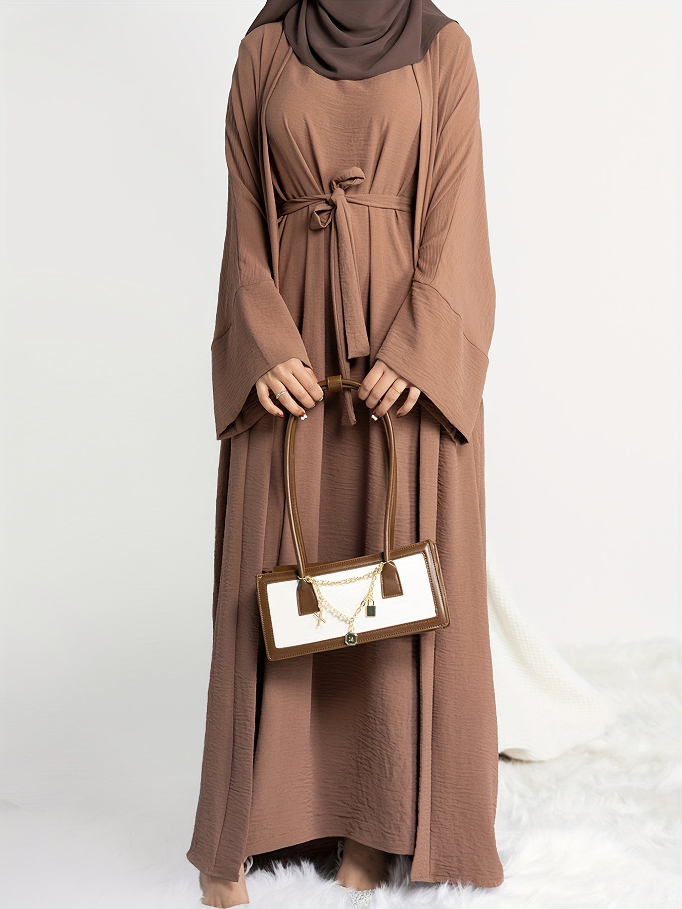 Muslim Lady 2pcs Abaya Set Eid Abaya Inner+open Abaya With Pocket