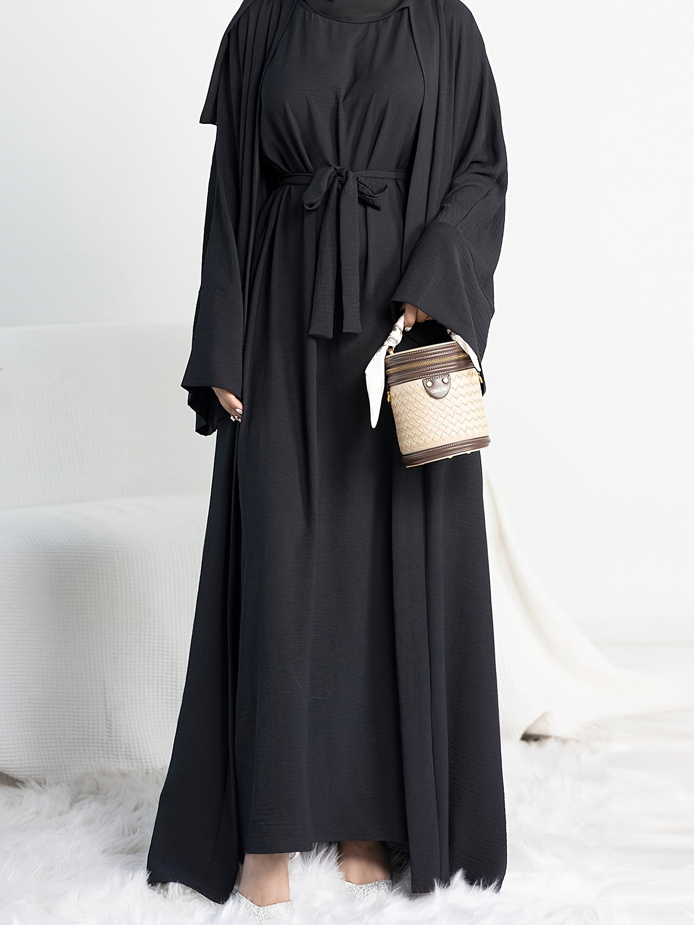 Muslim Lady 2pcs Abaya Set Eid Abaya Inner+open Abaya With Pocket
