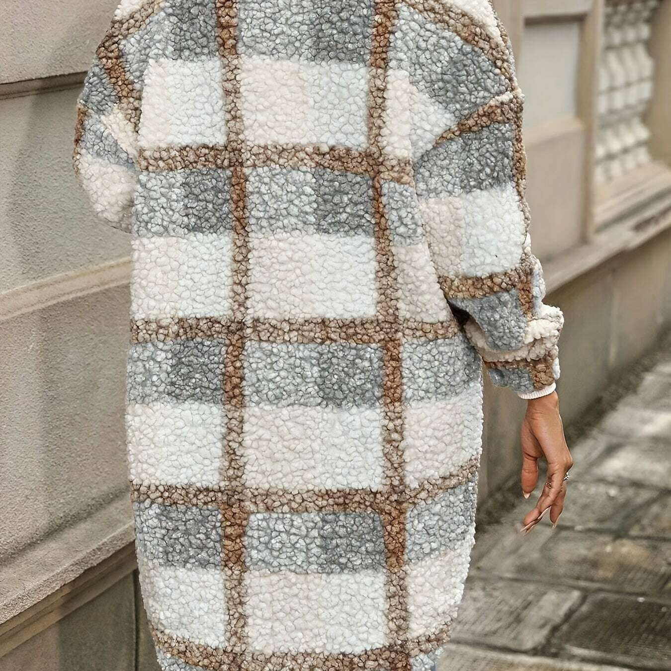 Elegant Plaid Faux Fur Coat for Women with Lapel Collar