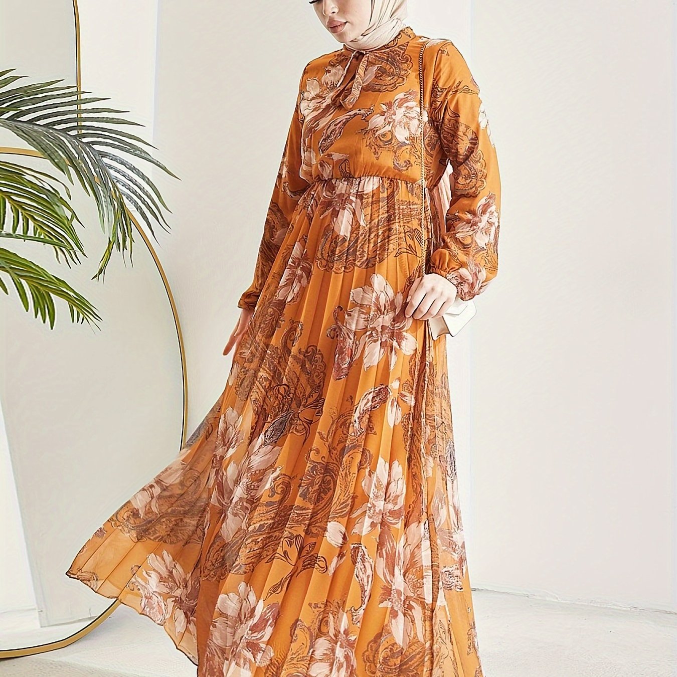 Stunning Floral Print Maxi Kaftan Dress - Modest Long Sleeve, Pleated, Flowy, Polyester, Machine Washable, Random Printing, Middle Eastern Style - Perfect for All Seasons