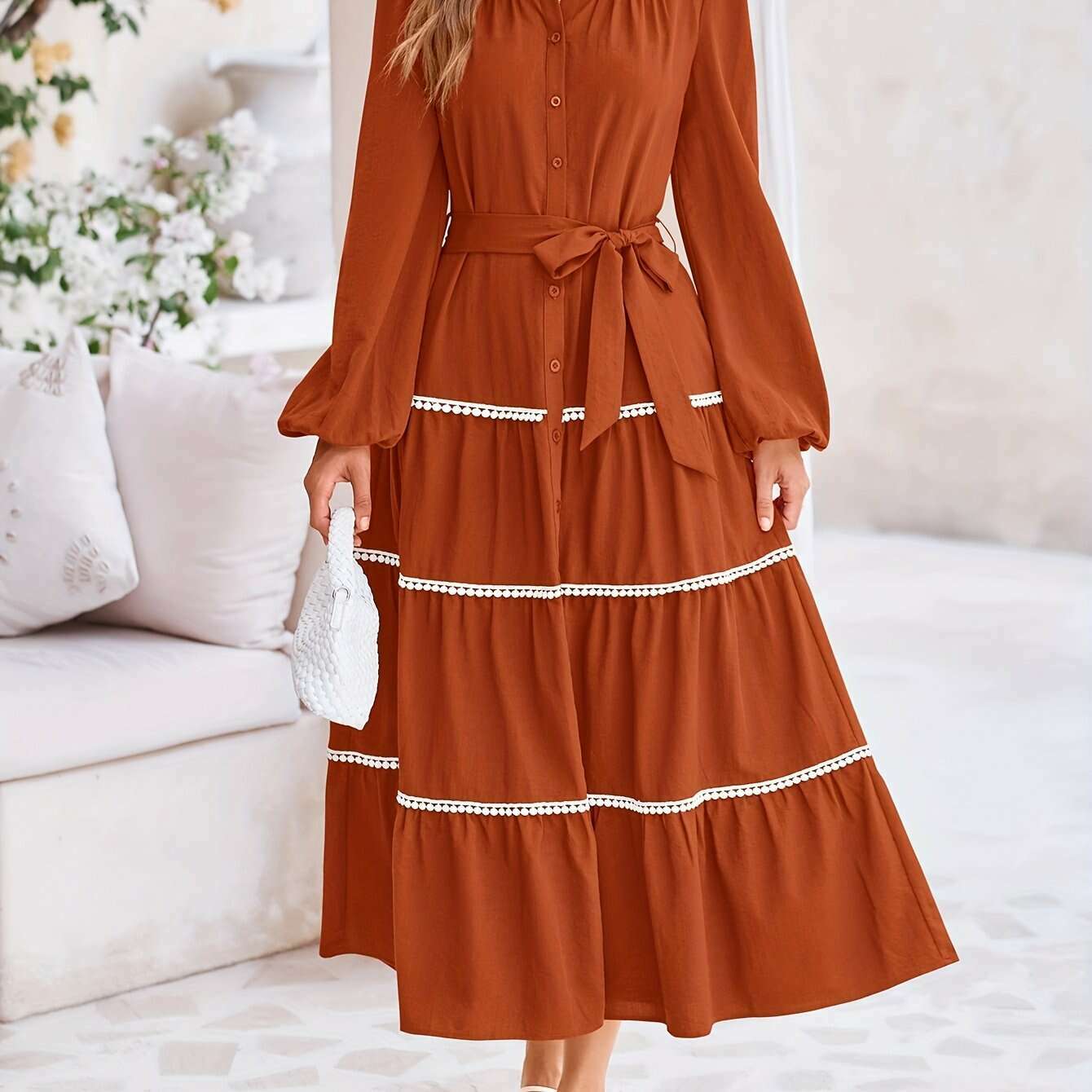 Women'S Spring Casual Dress Loose Drawstring Lantern Sleeve Long Sleeve Tier Dress With Pockets