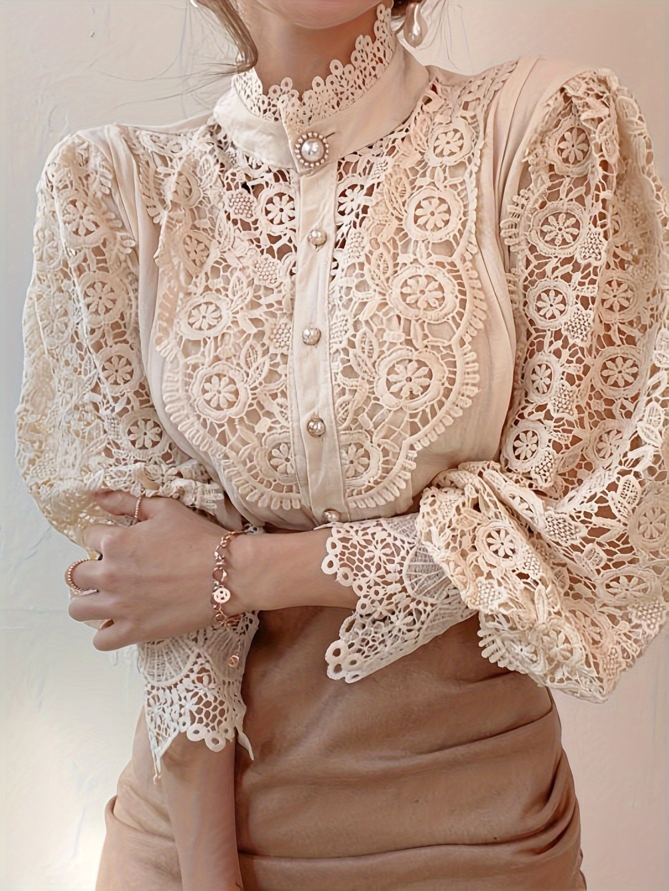 French Loose Chic Buttons, Heavy Lace, Cut-Out Floral Panels