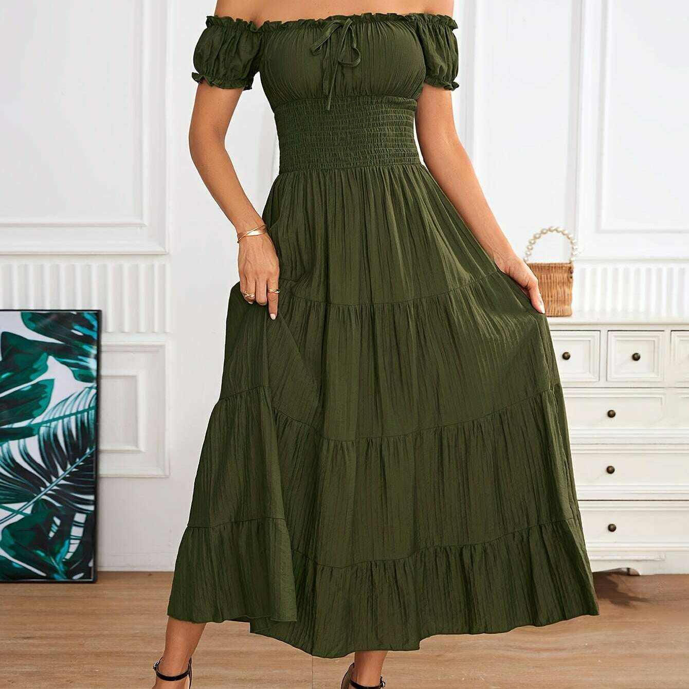 Off Shoulder Shirred Waist Dress, Elegant Aline Smocked Maxi Dress For Spring & Summer, Women's Clothing