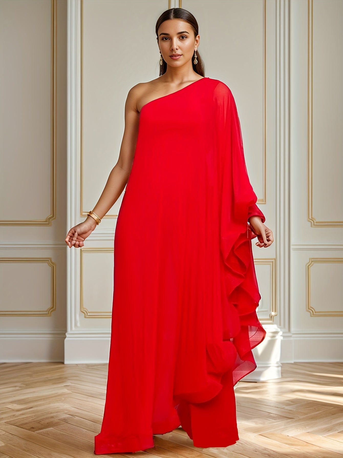PORRCEY Sexy Single Shoulder Ruffled Sleeveless Solid Color Patchwork Elastic Jumpsuit
