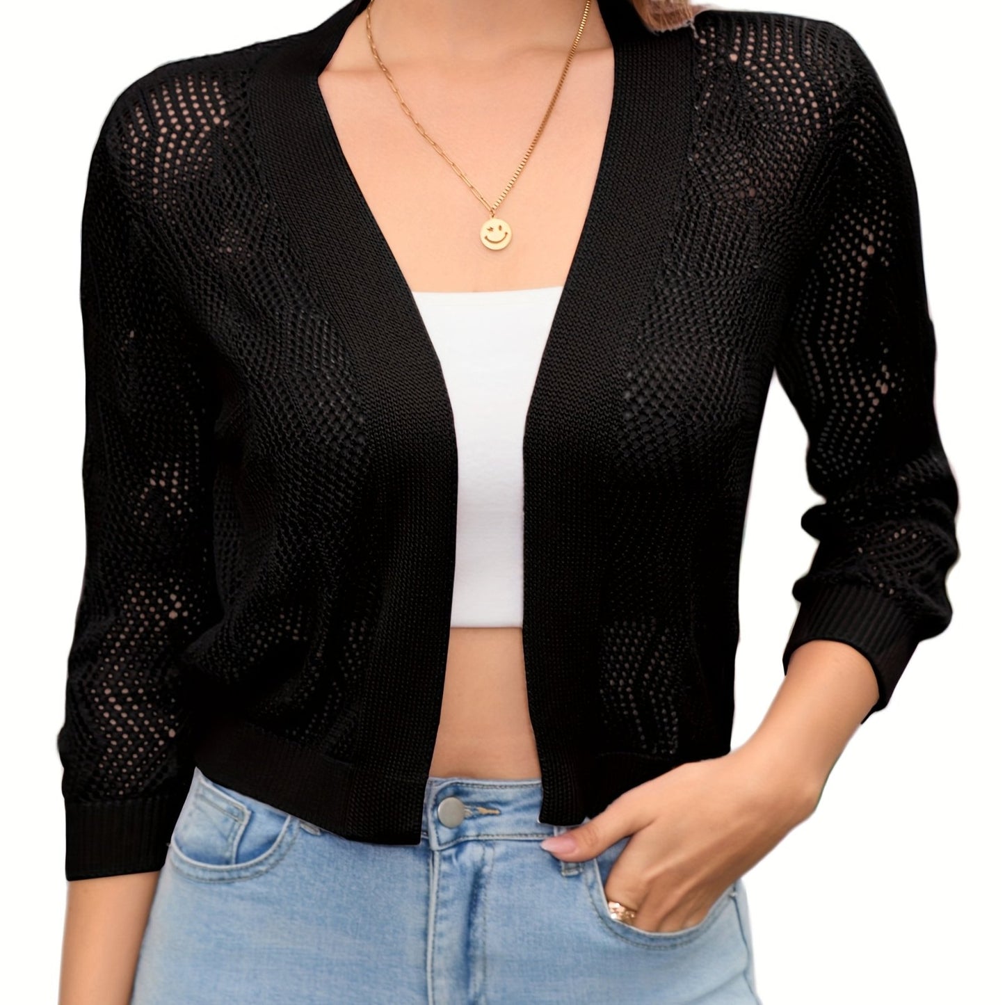 2025 Women'S 3/4 Sleeve Crochet Knit Open Front Cardigan Cropped Shrug Bolero Lightweight Sweaters Tops