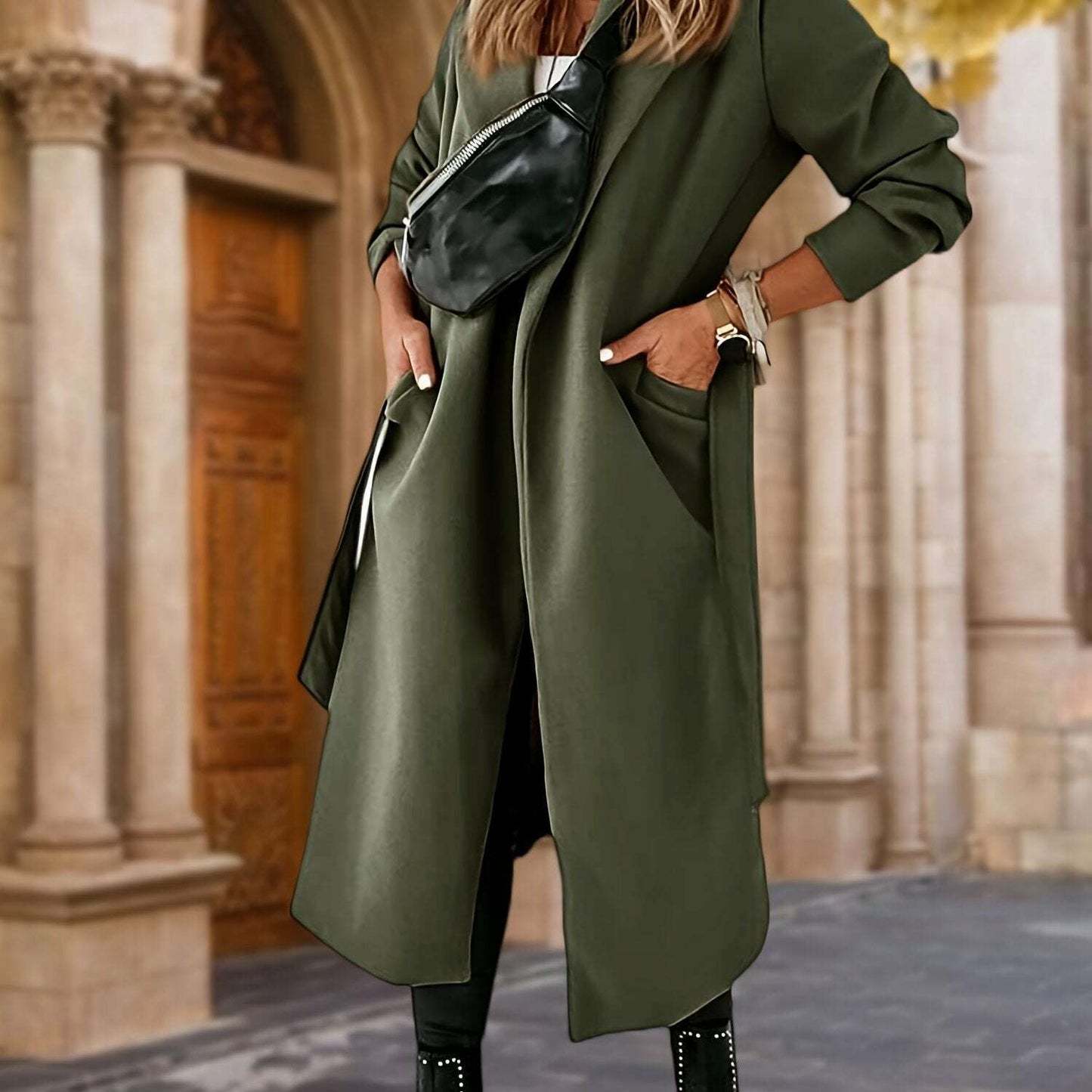 Women's Classic Long Jacket with Lapel Collar and Belt
